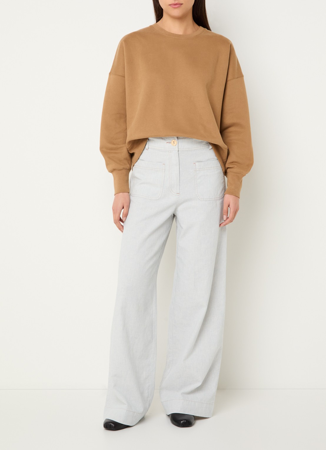 Sessùn Manhatti high waist wide fit pantalon met opgestikte zakken - voorkant 2 lichtblauw