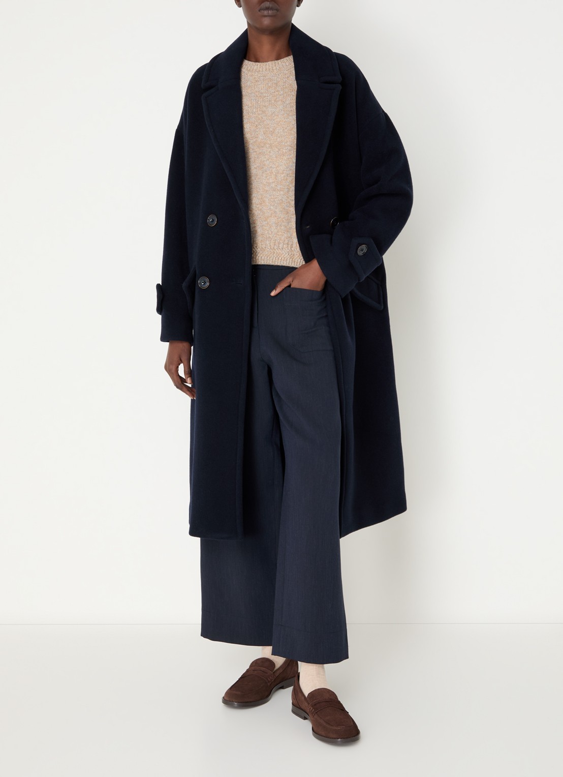 Sessùn Mia double-breasted mantel in wolblend met klepzakken - voorkant 2 donkerblauw