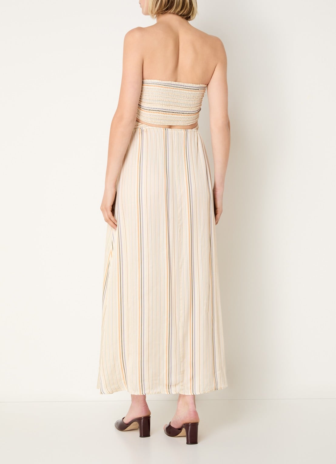 Sessùn Milisole midi jurk met streepprint en smockwerk - achterkant beige