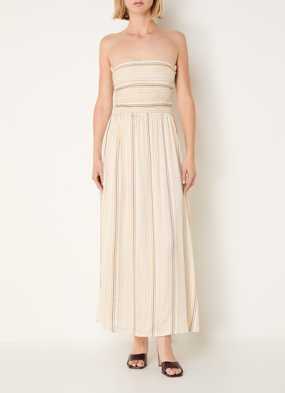 Sessùn Milisole midi jurk met streepprint en smockwerk - detail 2 beige