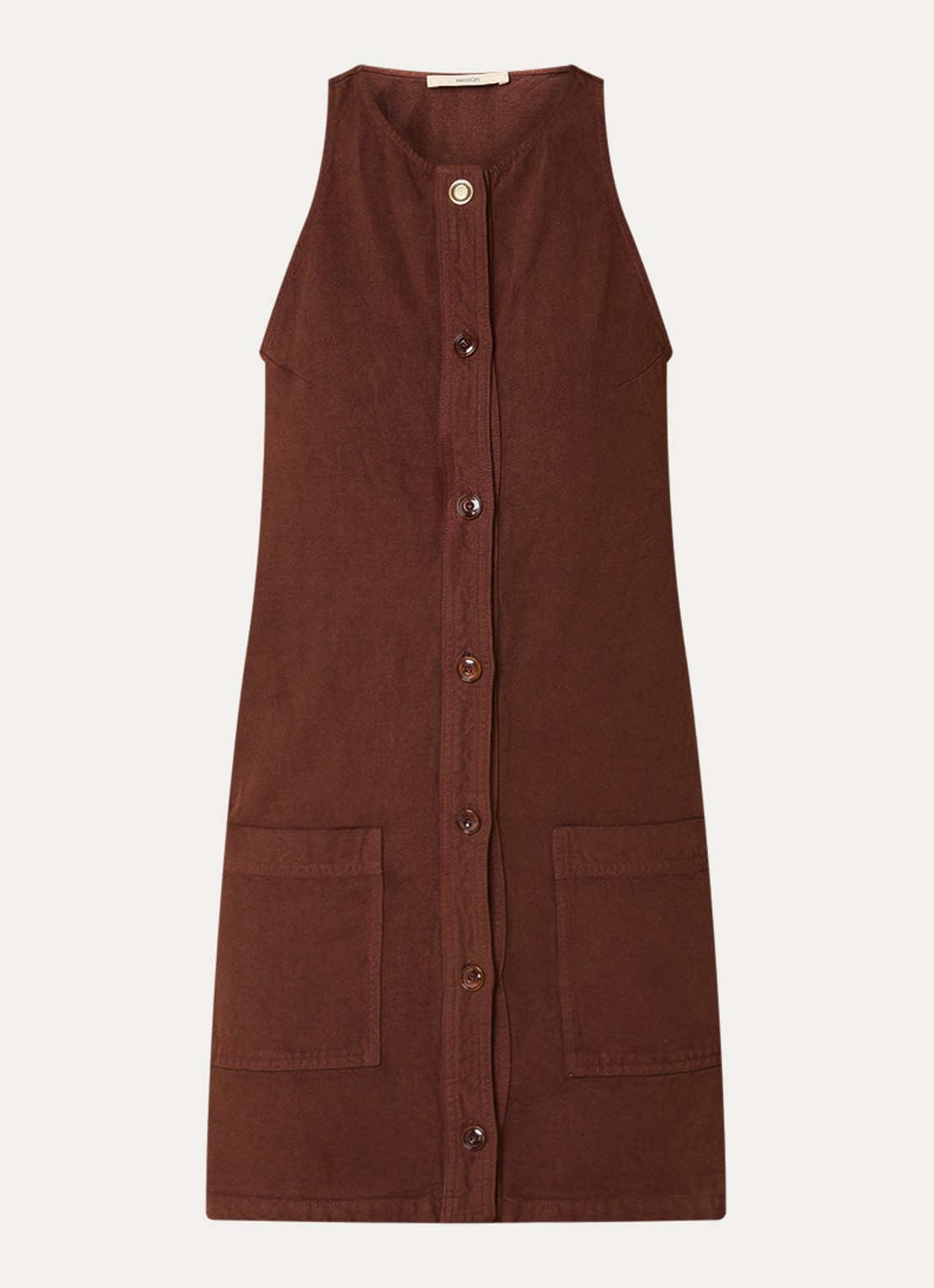 Sessùn Ondine mini jurk van canvas in linnenblend met opgestikte zakken - voorkant 2 bruin