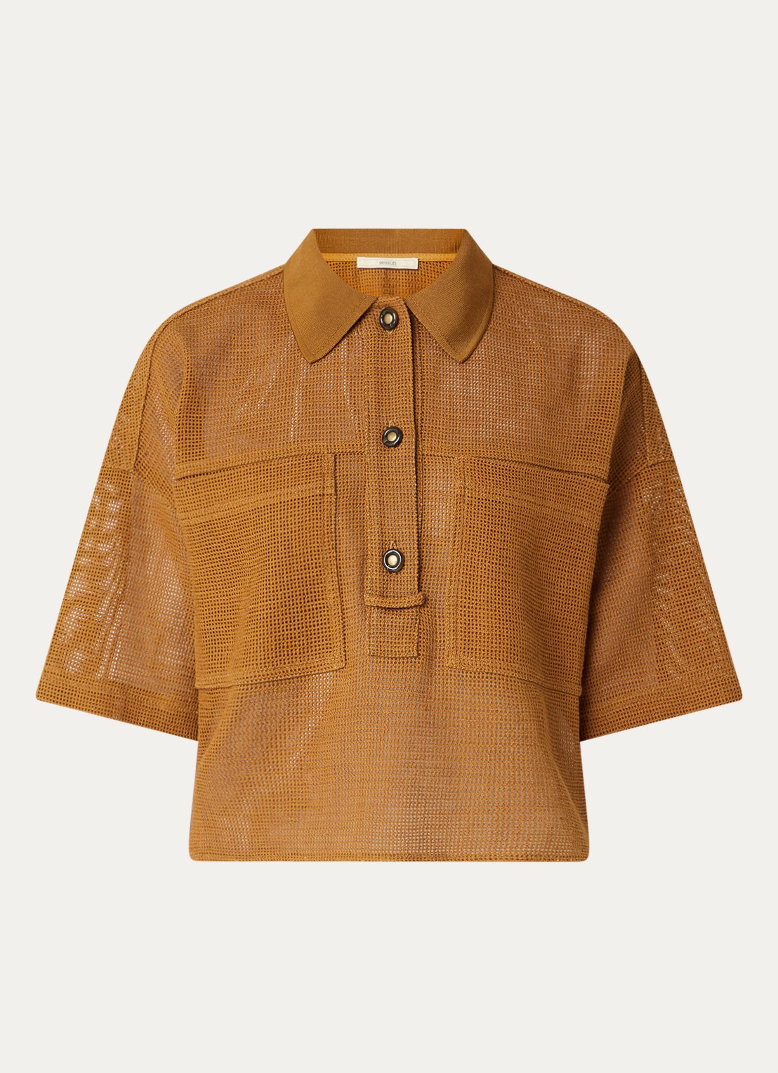 Sessùn Paulo polo in linnenblend met opengewerkt dessin - voorkant cognac