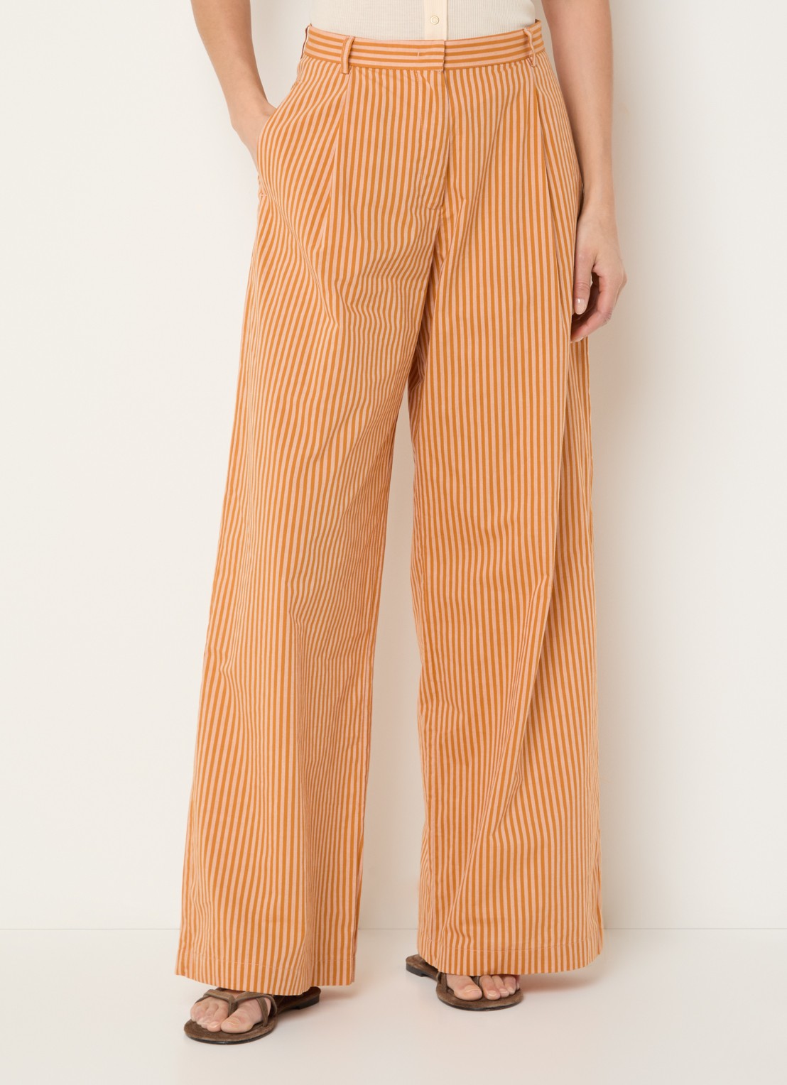 Sessùn Provencia high waist wide fit broek met streepprint - detail 4 oranje