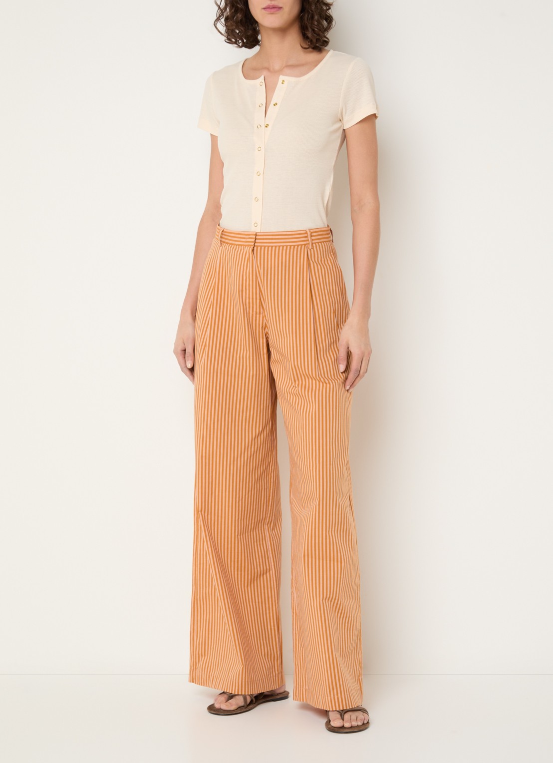 Sessùn Provencia high waist wide fit broek met streepprint - voorkant 3 oranje