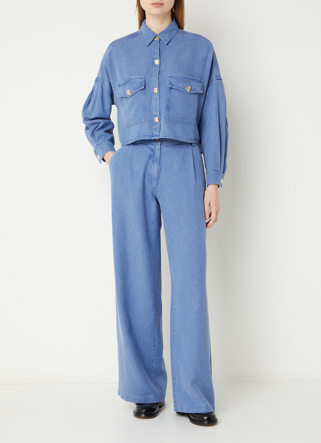 Sessùn Provenco high waist wide fit broek van chambray - voorkant 3 indigo