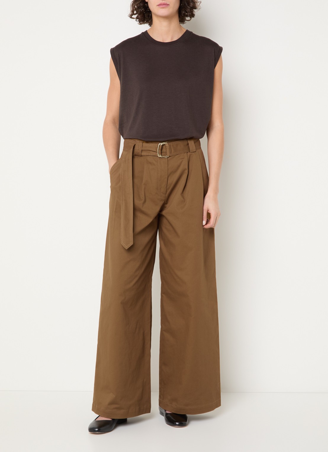 Sessùn Riva high waist wide fit pantalon met ceintuur - voorkant 3 cognac
