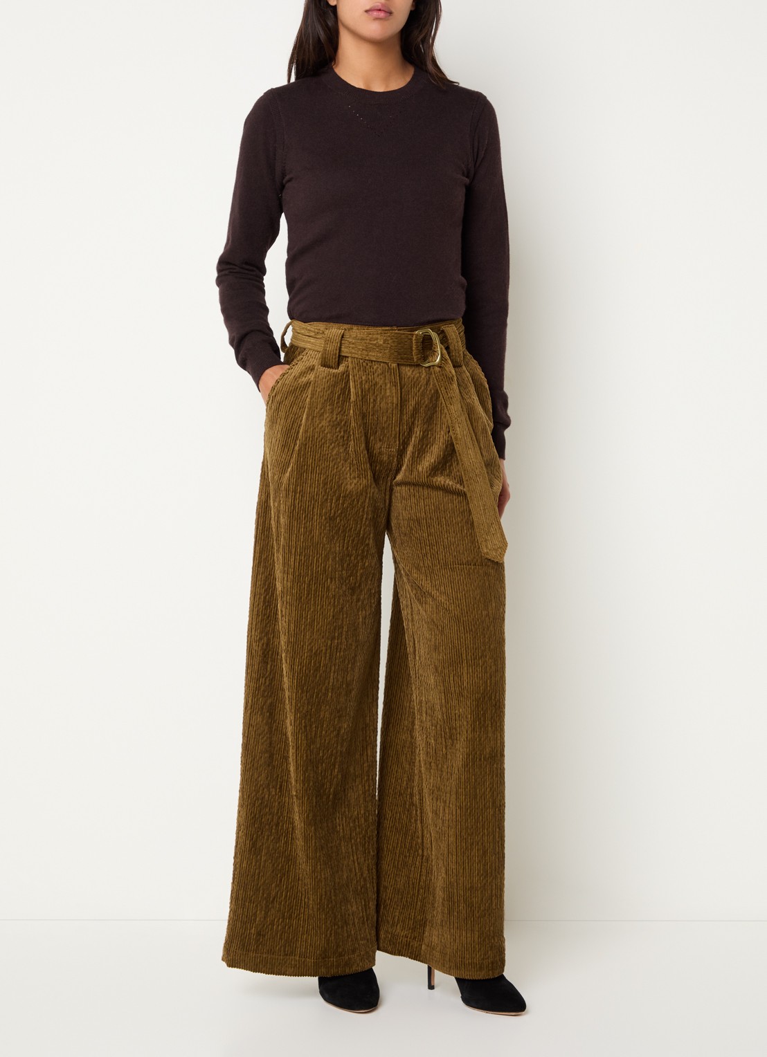 Sessùn Rivel high waist wide fit pantalon van corduroy - voorkant 2 lichtbruin