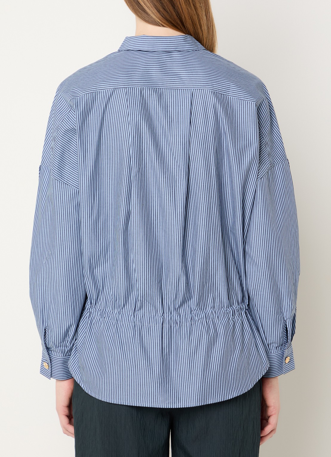 Sessùn Santalin blouse met streepprint en trekkoord - achterkant 2 staalblauw