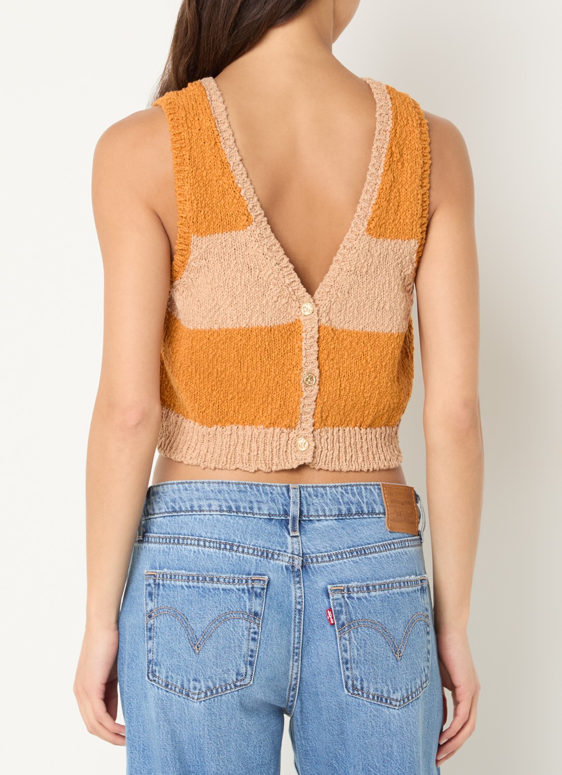 Sessùn Saolo grofgebreide crop top met streepprint - achterkant 4 okergeel