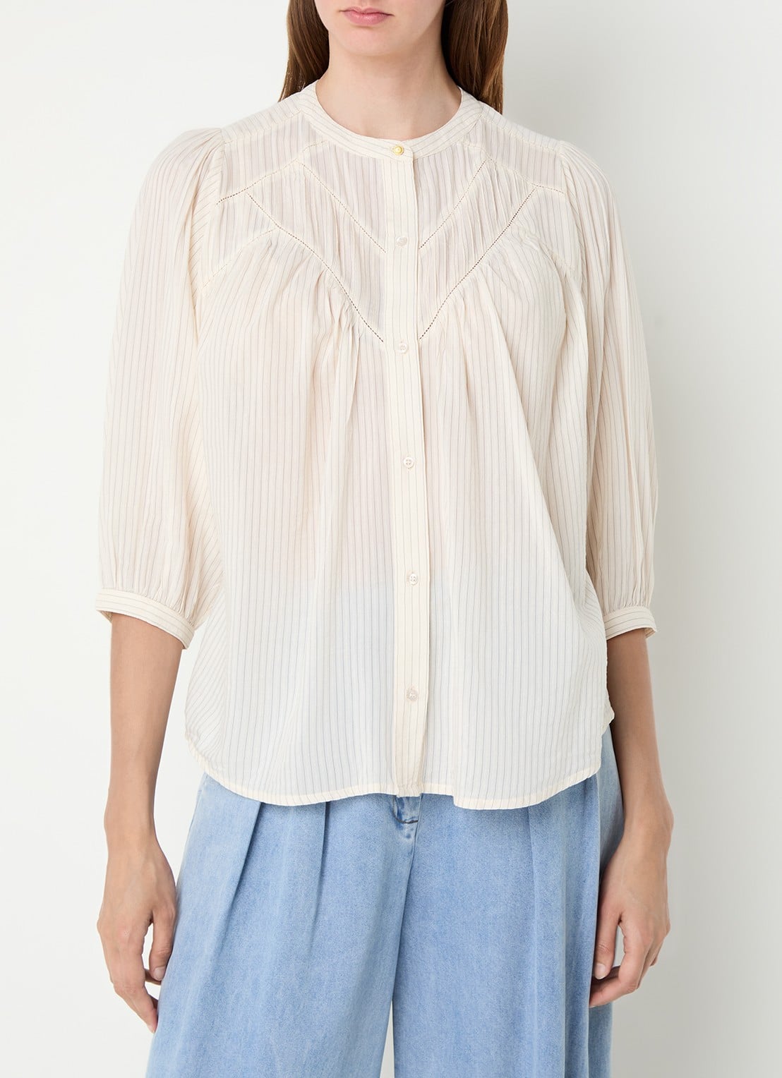 Sessùn Savi blouse met streepprint en pofmouw - detail 3 creme