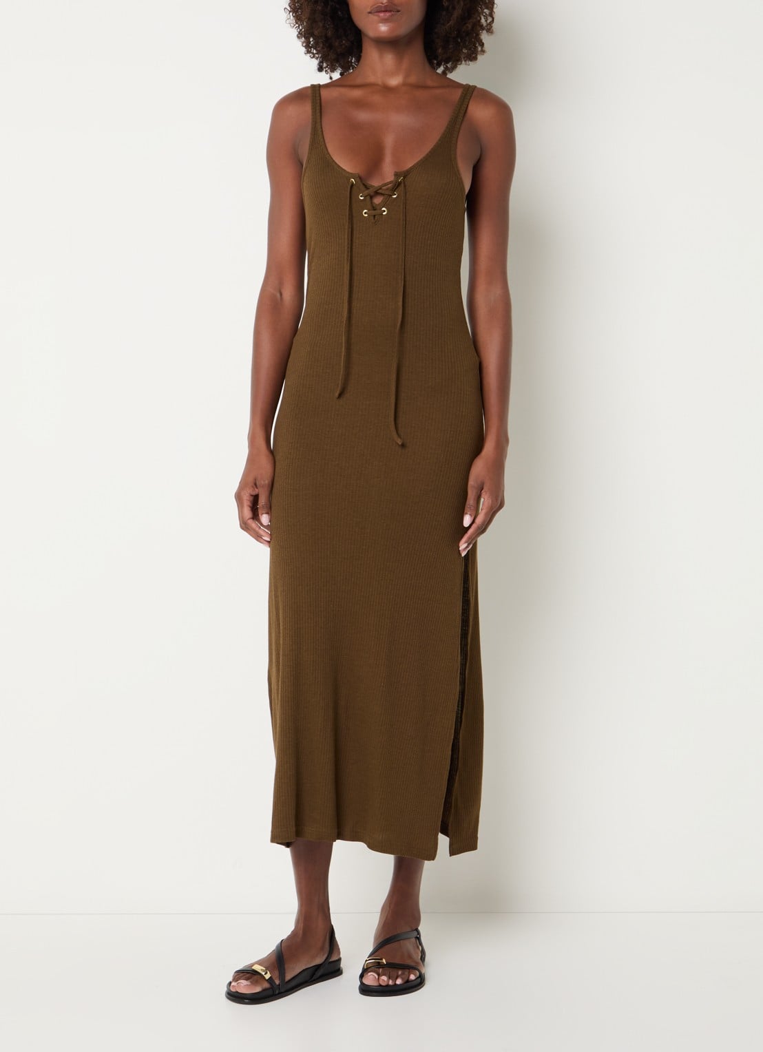 Sessùn Sueli ribgebreide midi jurk met split - detail 3 bronsgroen