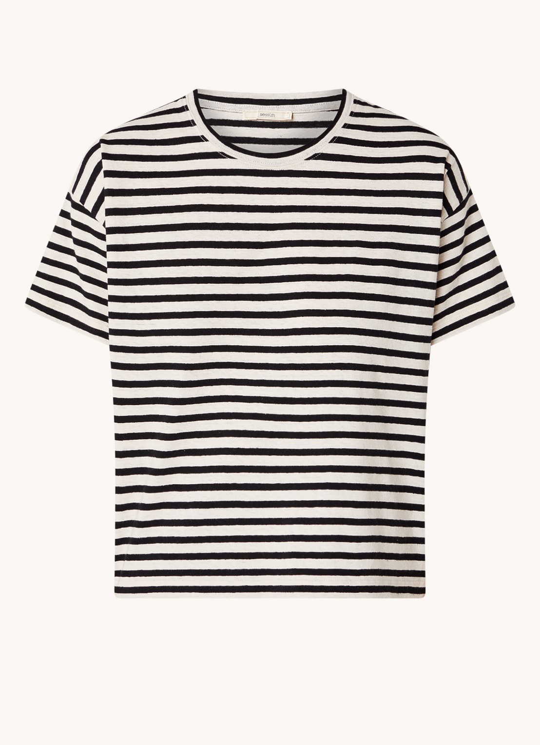 Sessùn Tooli T-shirt in linnenblend met streepprint - voorkant 4 zwart