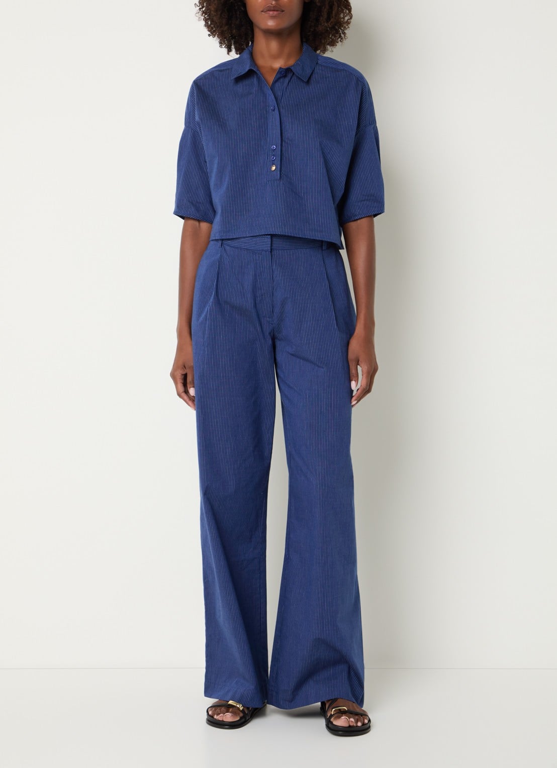 Sessùn U blouse met streepprint - voorkant 2 donkerblauw
