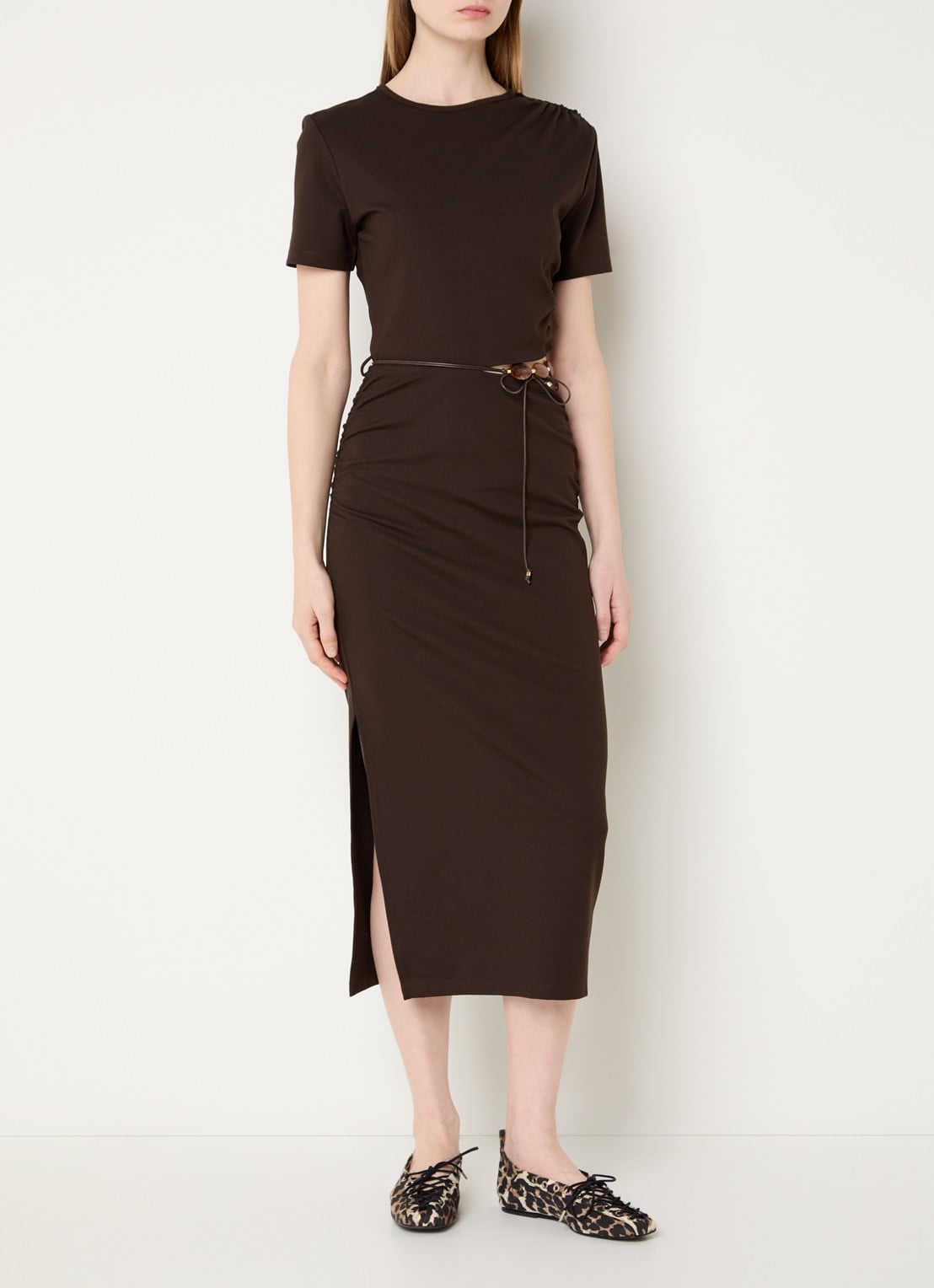 Sessùn Vertigo midi jurk met split - detail 3 donkerbruin