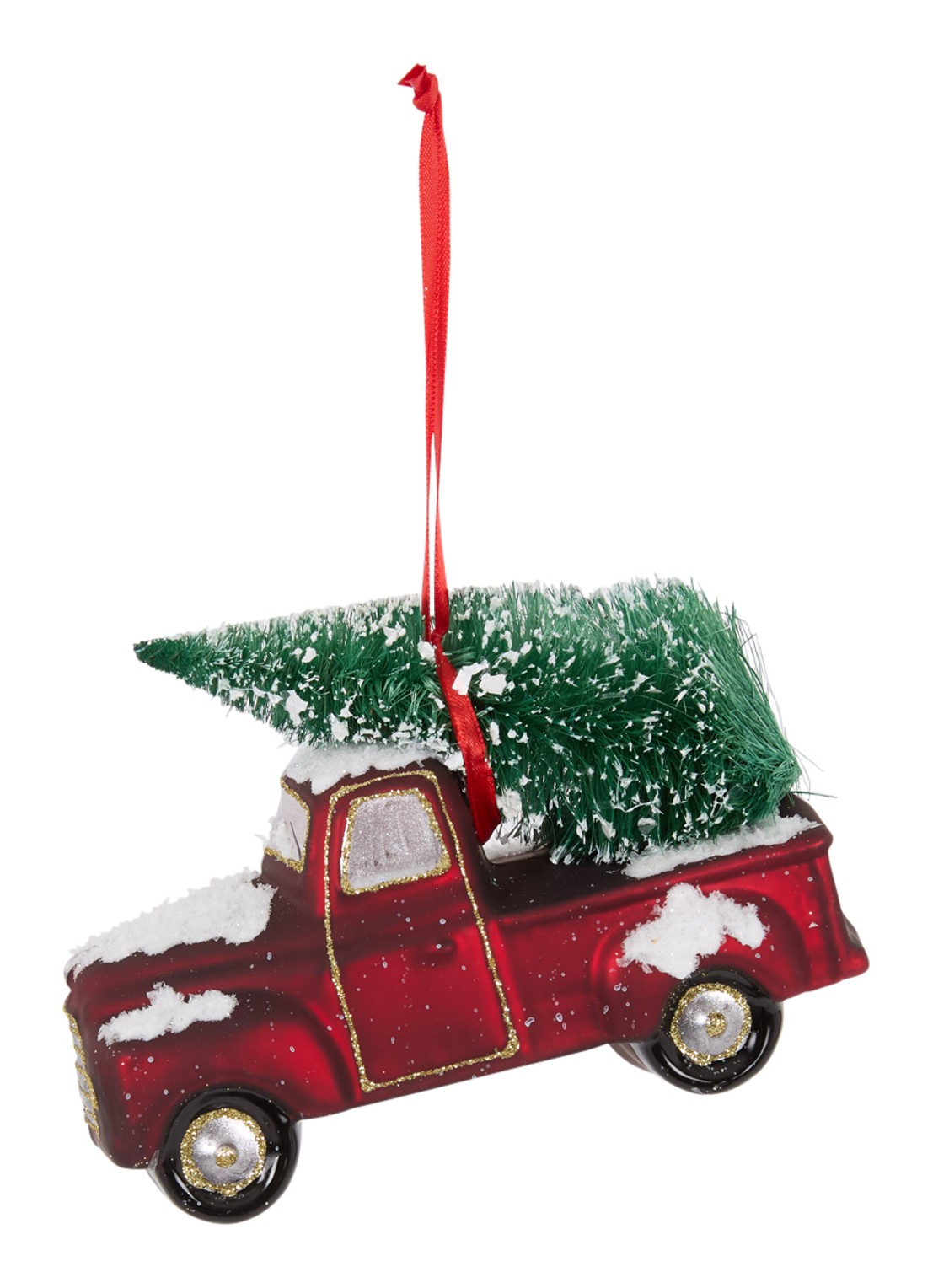 Shishi Auto met kerstboom kersthanger 10 cm - voorkant donkerrood