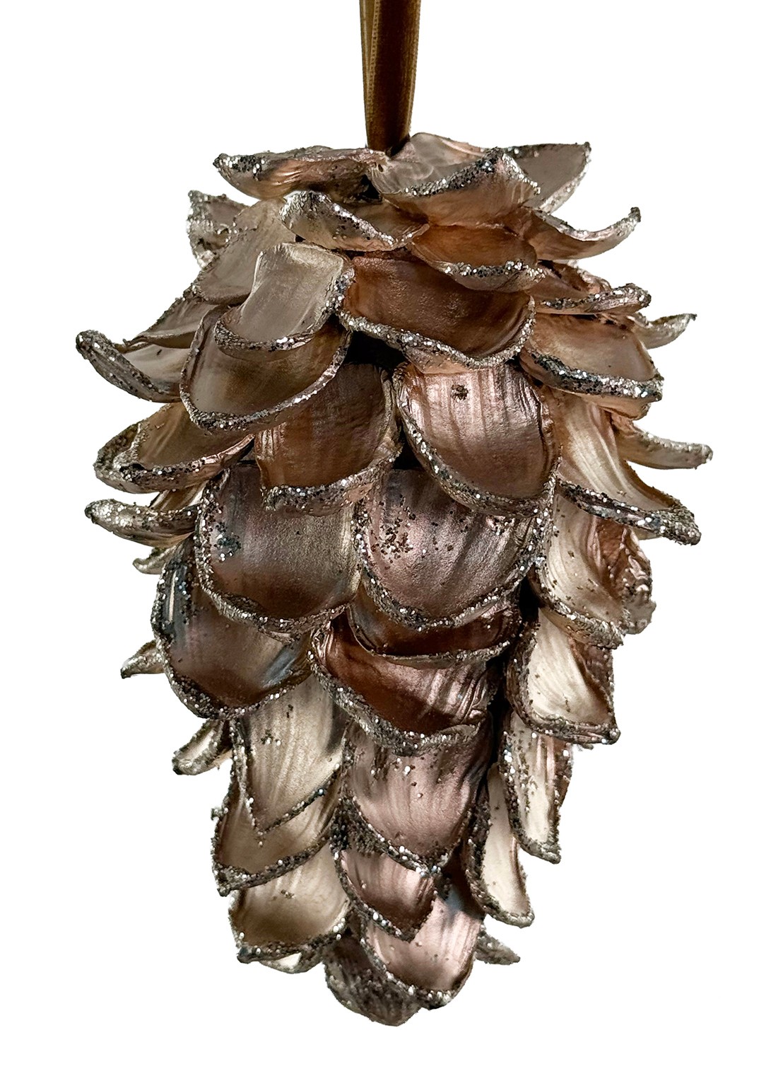 Shishi Dennenappel kersthanger 15 cm - voorkant bruin