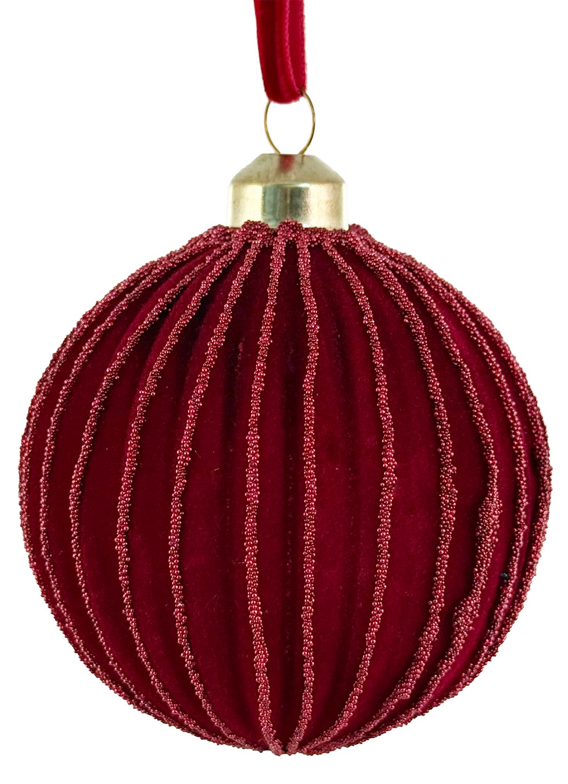 Shishi Velvet Lines kerstbal 8 cm - voorkant rood