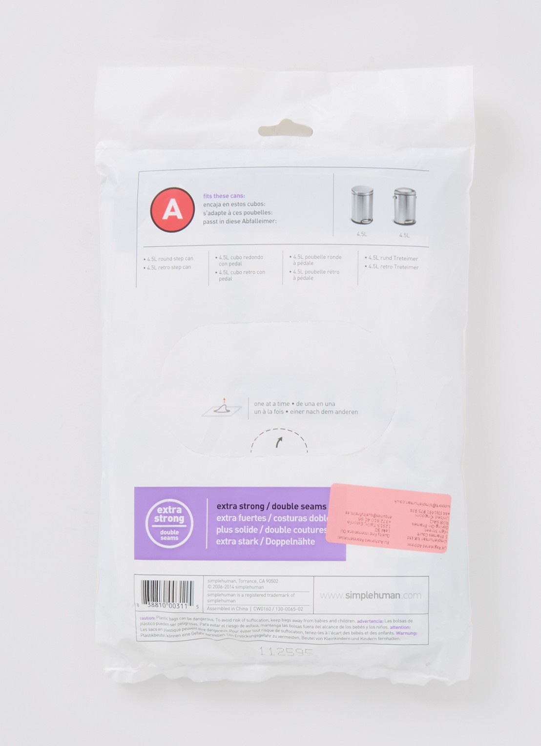 Simplehuman Afvalzakken Code A 4,5 liter 30 stuks - voorkant 2 wit