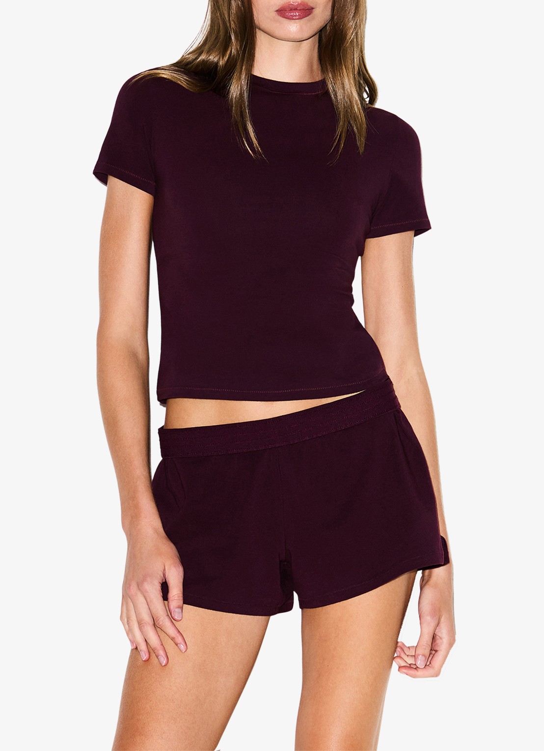 SKIMS Cotton Jersey cropped T-shirt met ronde hals - detail 5 currant