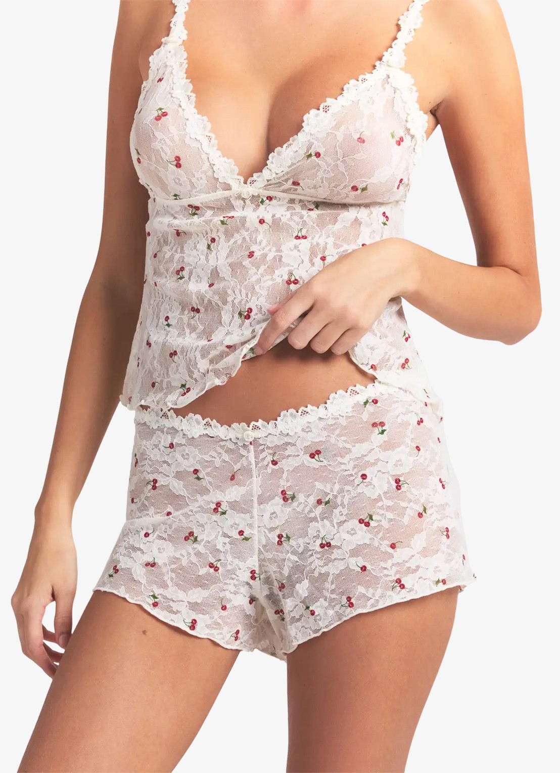 SKIMS Stretch Lace Boyshort van kant  - detail ivory cherry