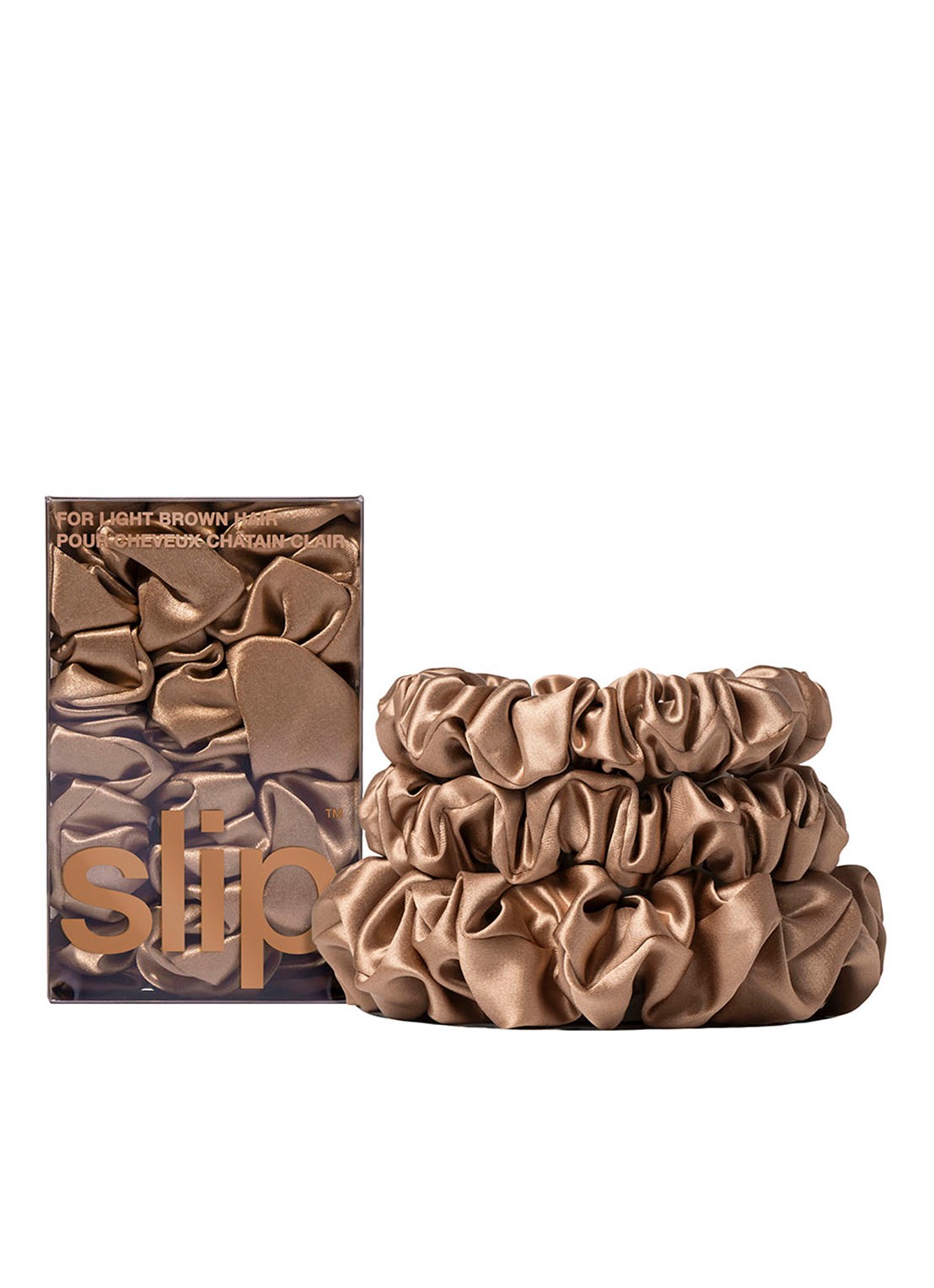 slip Back To Basics Pure Silk Scrunchies Set - haarelastiek van zijde set van 3 - voorkant 2 light brown