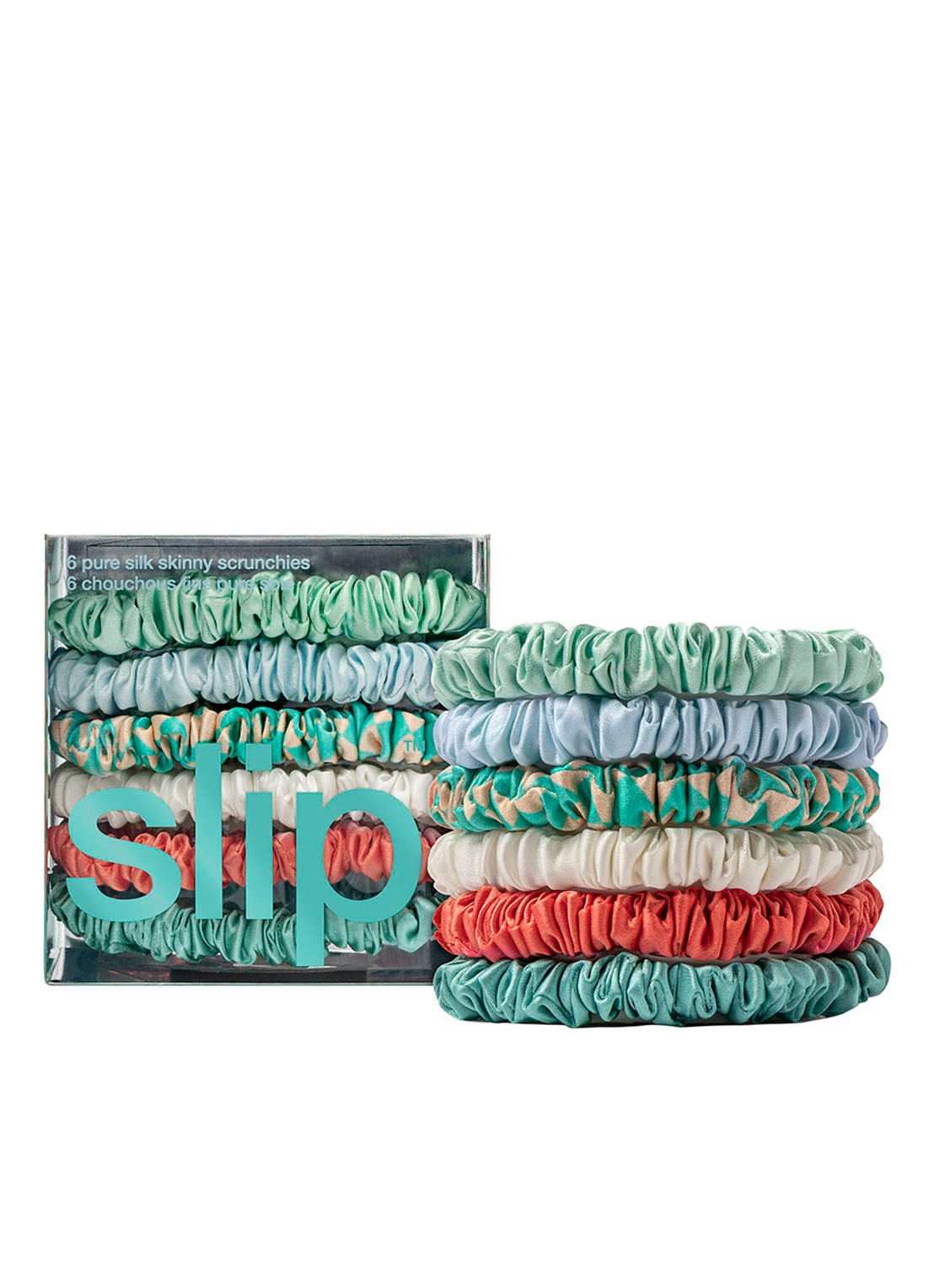 slip Pure Silk Skinny Scrunchies -  haarelastiek van zijde set van 6 - voorkant 2 seabreeze