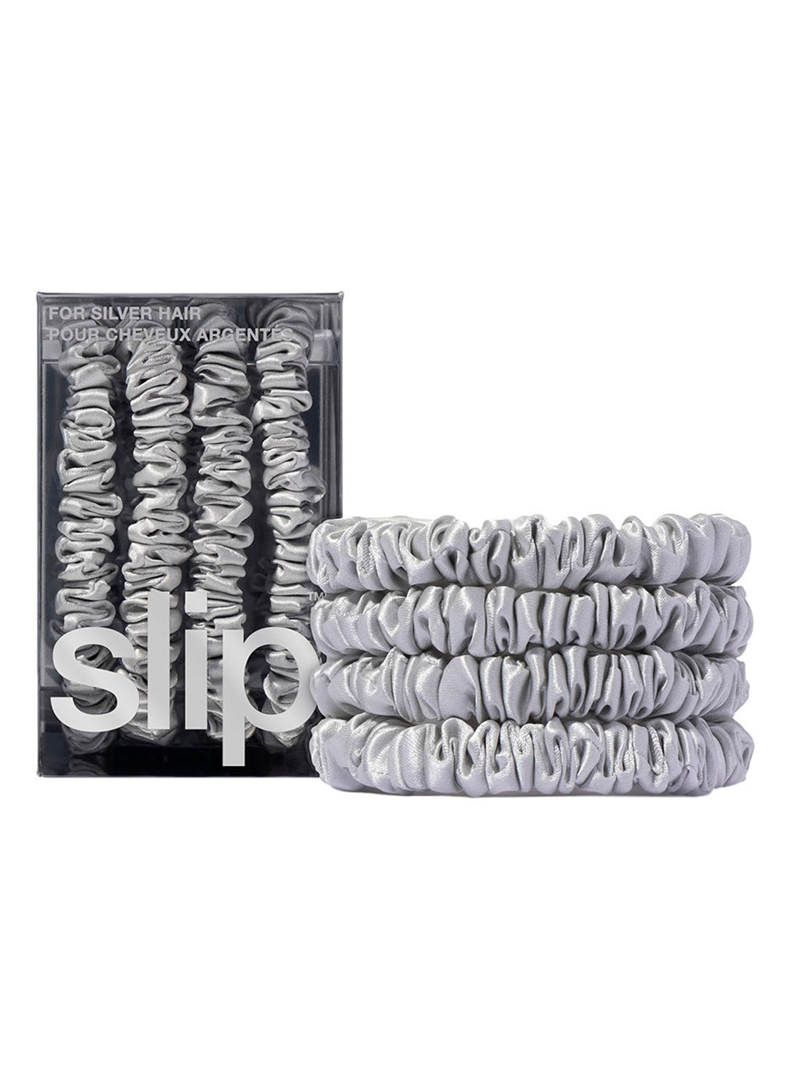 slip Pure Silk Skinny Scrunchies - zijden haarelastiek - voorkant 2 silver