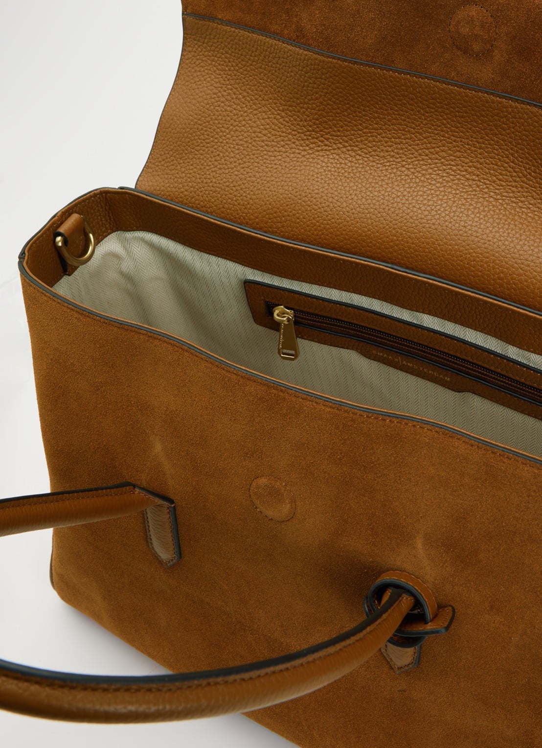 Smaak Barbra XL handtas van suède met afneembare schouderriem - detail cognac