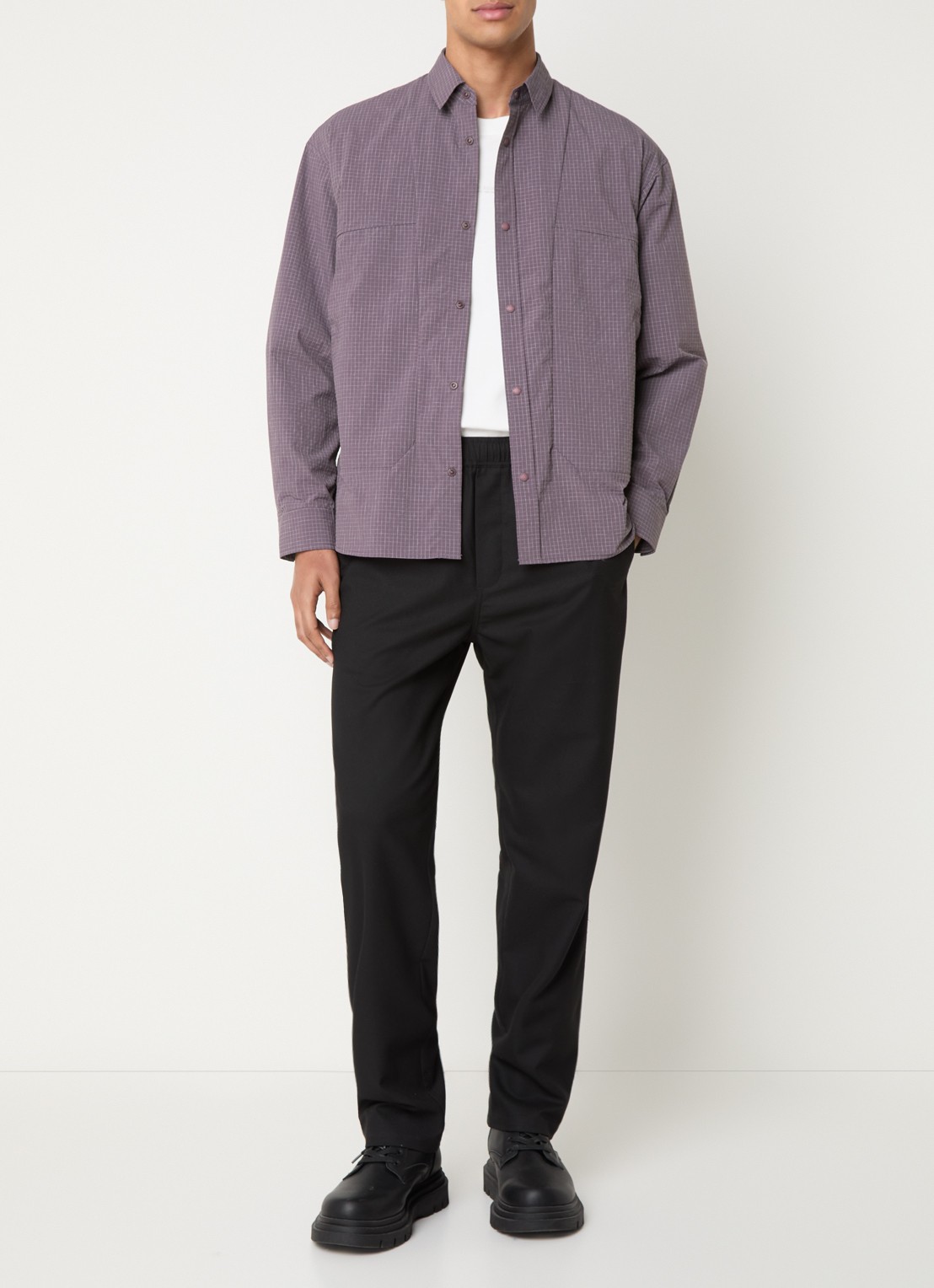 Snow Peak Kasuri overshirt met ruitdessin - voorkant 3 paars