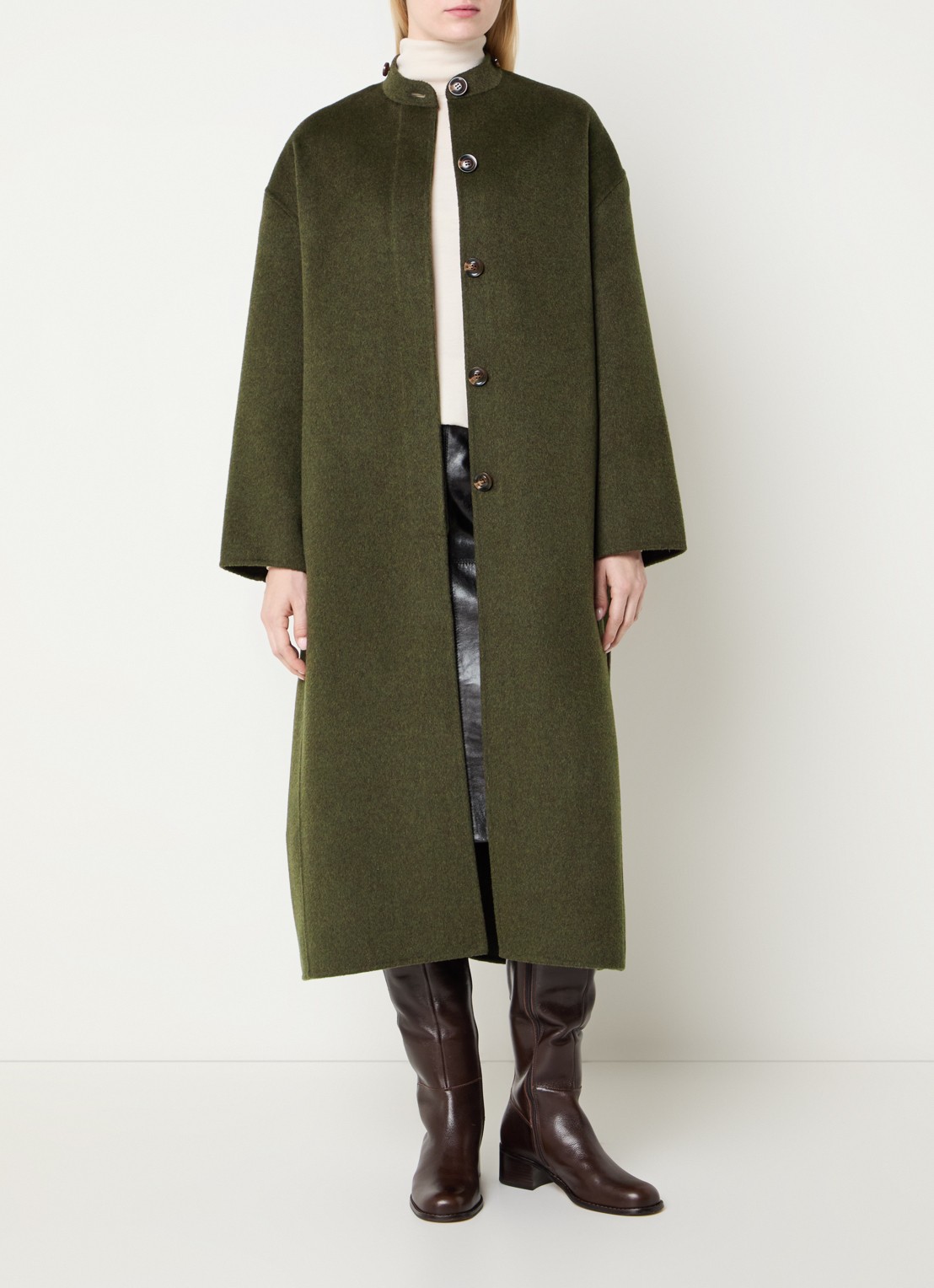 Soeur Finn mantel in wolblend met afneembare sjaalkraag - voorkant 3 donkerkhaki