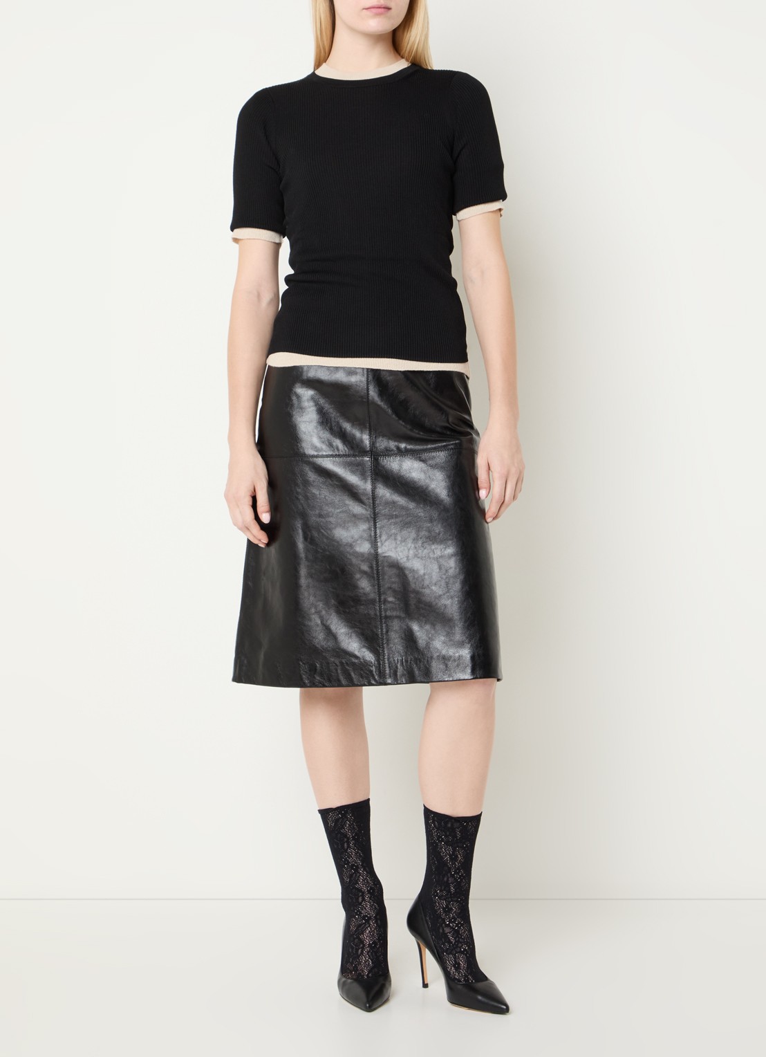 Soeur Gwen midi rok van lamsleer - voorkant 4 zwart