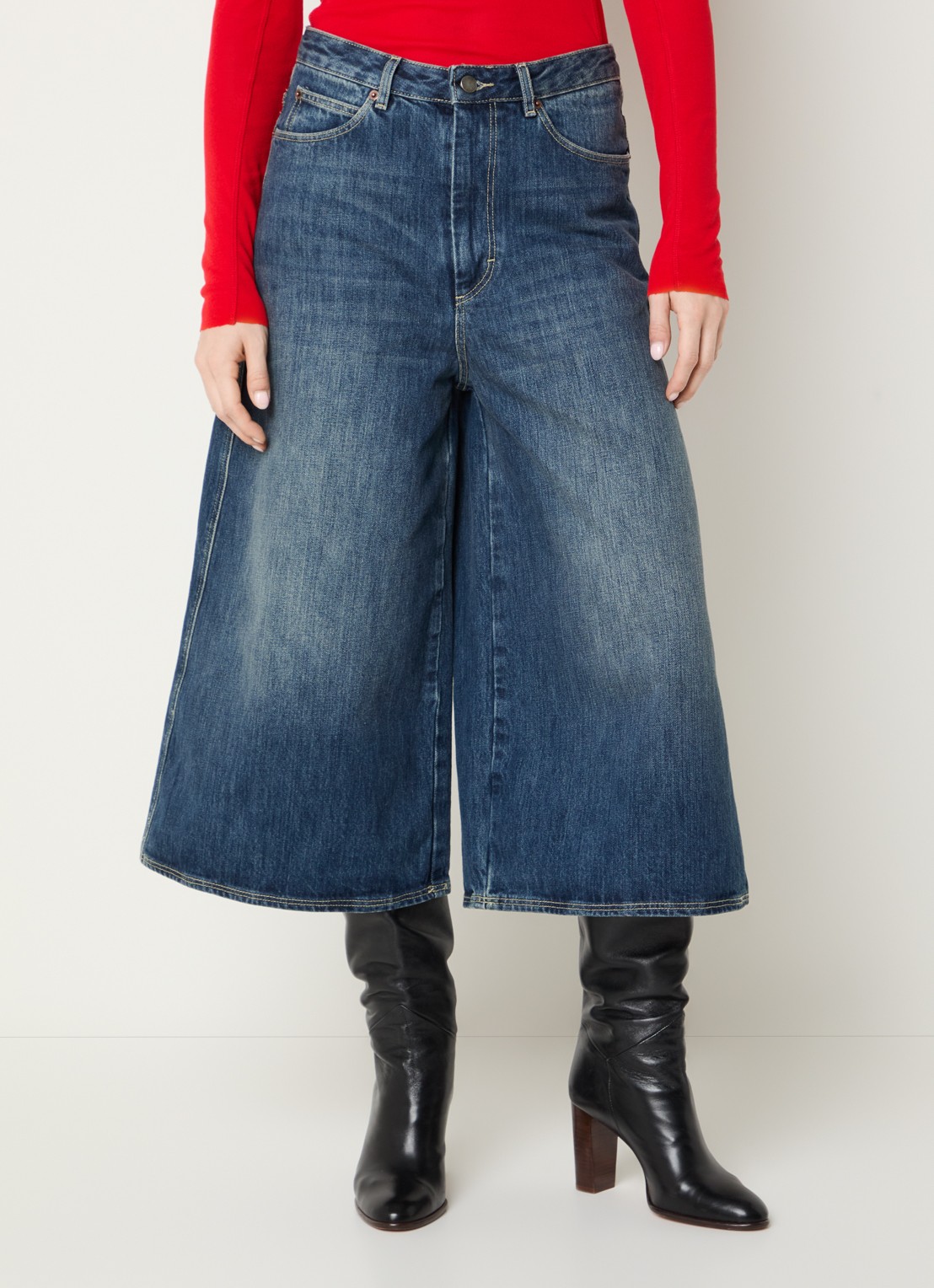 Soeur Joyce high waist wide leg culotte van denim met donkere wassing - detail indigo