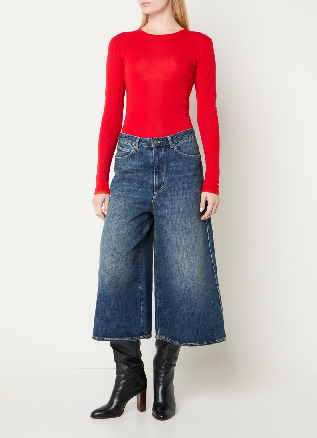 Soeur Joyce high waist wide leg culotte van denim met donkere wassing - voorkant 3 indigo