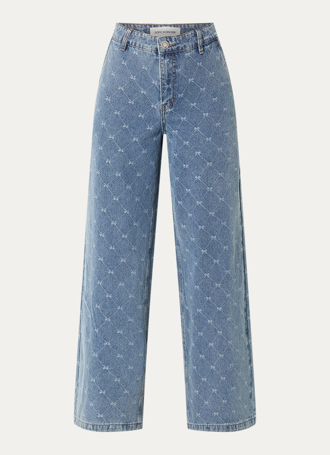 Sofie Schnoor Azzi-low high waist wide leg jeans met lichte wassing en ruitdessin - voorkant indigo