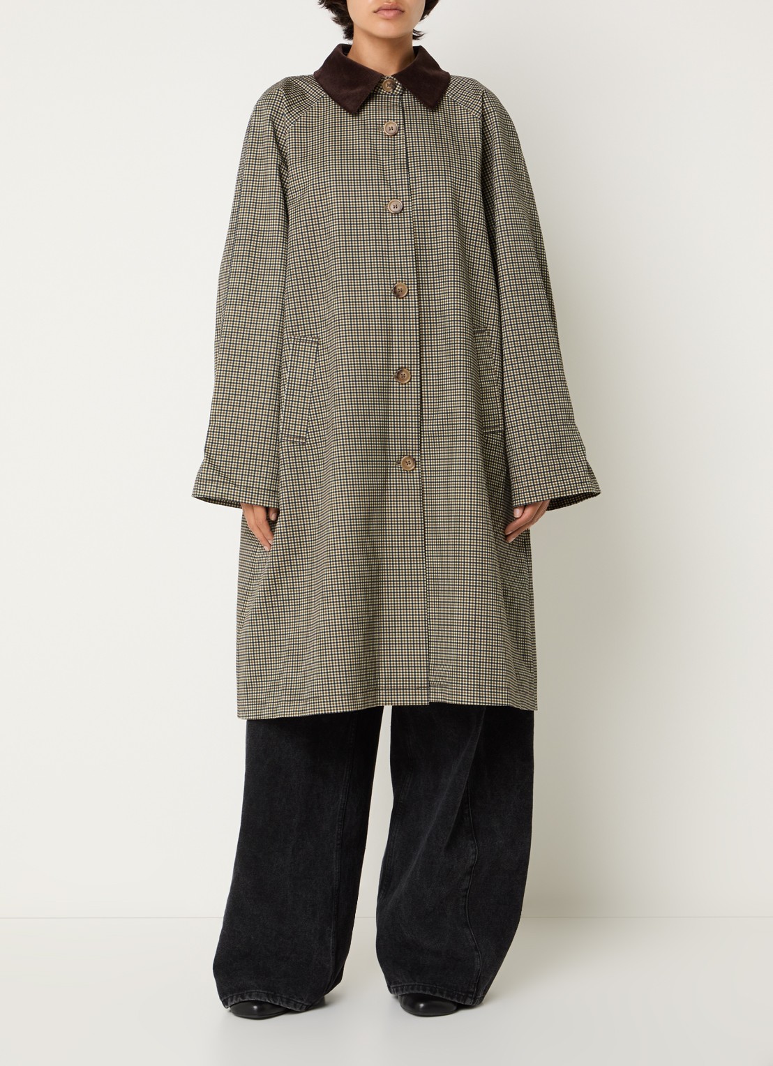 Sofie Schnoor Fillie trenchcoat met pied-de-poule dessin en steekzakken - voorkant 3 mosgroen