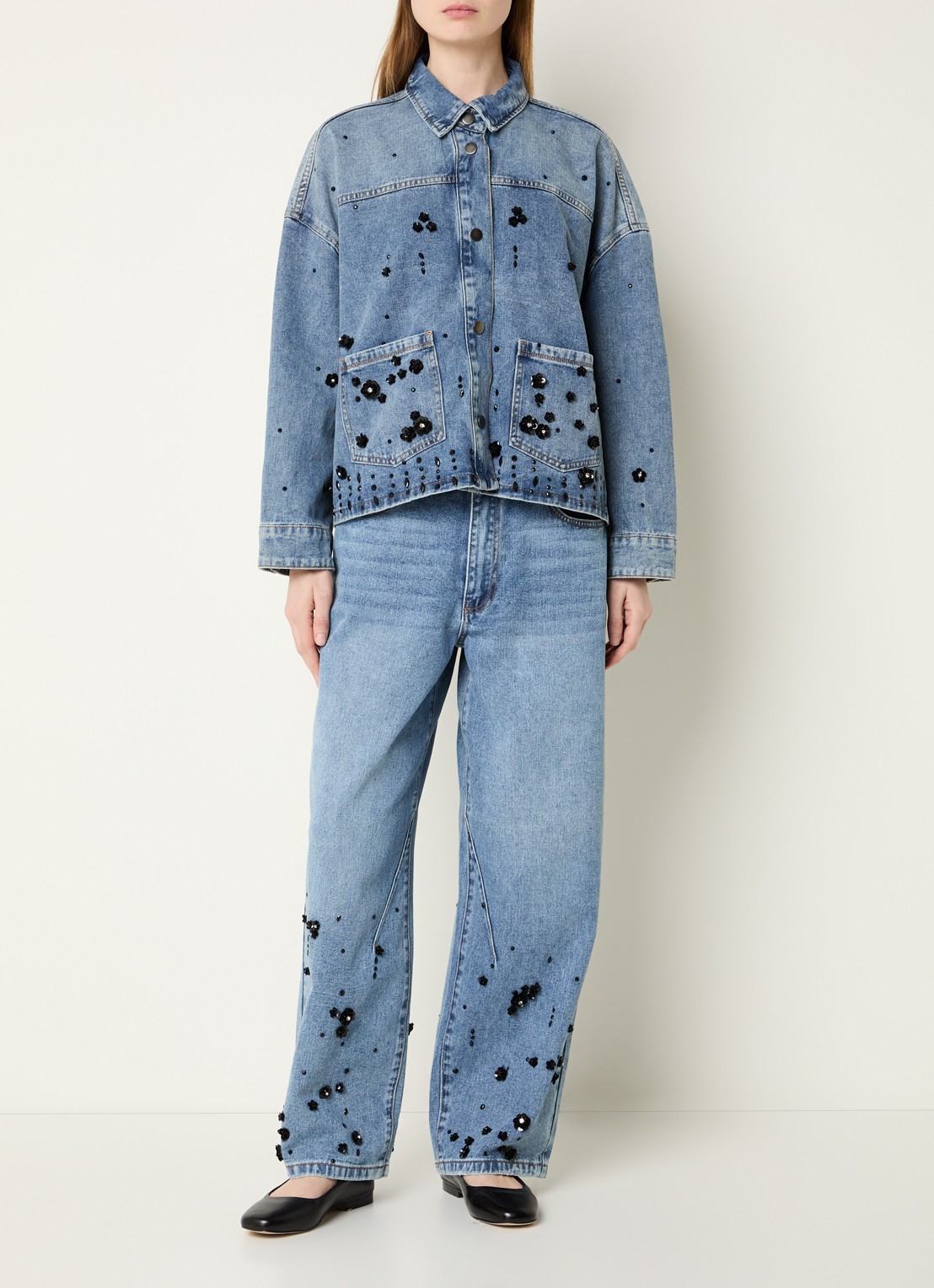 Sofie Schnoor Havanas low waist straight leg jeans met pailletten - voorkant 2 indigo