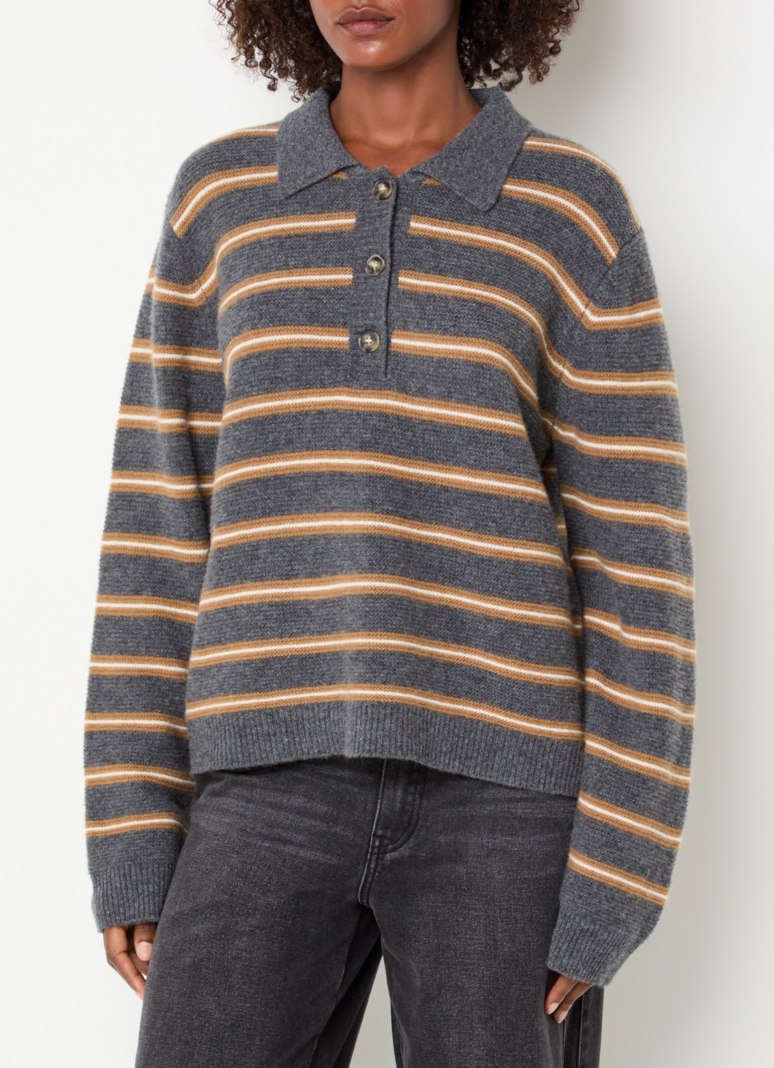 Sofie Schnoor Stormasw grofgebreide polo met streepprint - detail middengrijs