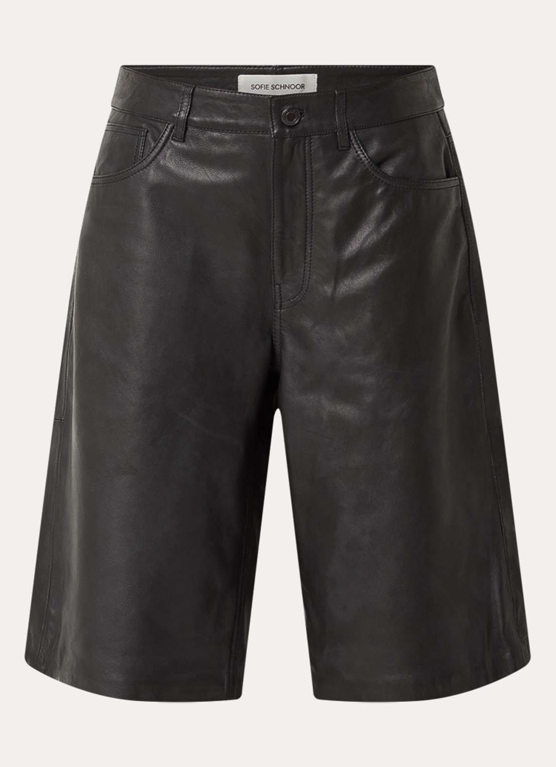 Sofie Schnoor Voke high waist wide leg korte broek van lamsleer - voorkant 3 zwart