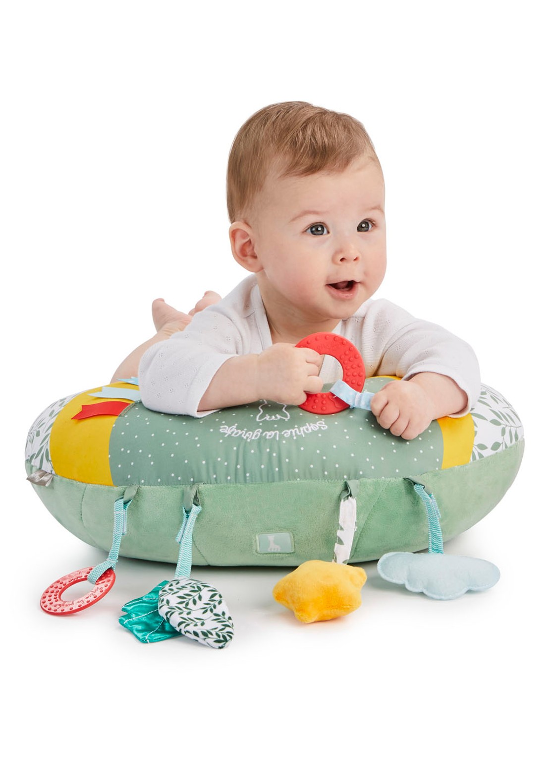 Sophie de Giraf Cosy Play speelkussen 35 cm - voorkant 2 groen