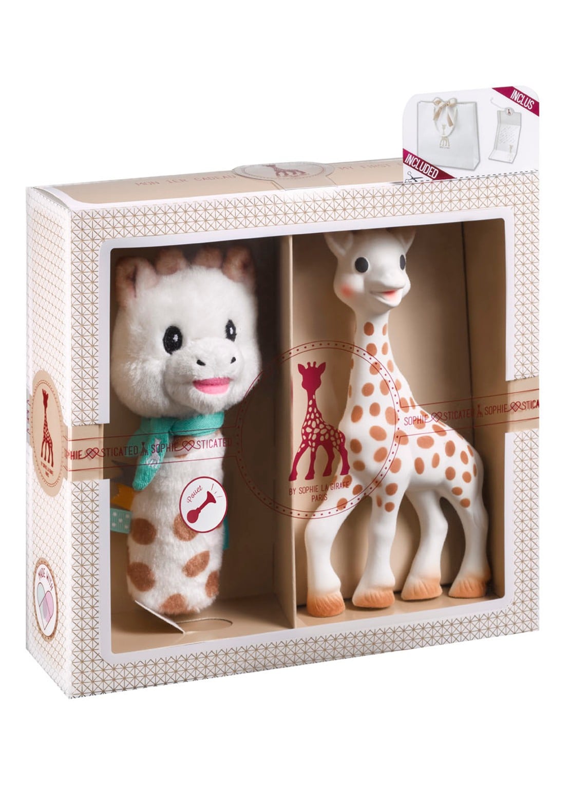Sophie de Giraf Sophiesticated cadeauset small set van 5 - voorkant 3 donkerbeige