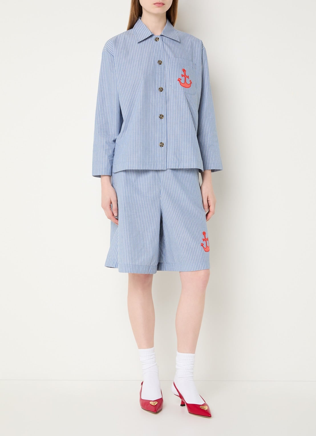 Stella Nova Blouse met streepprint - voorkant 2 blauwgrijs