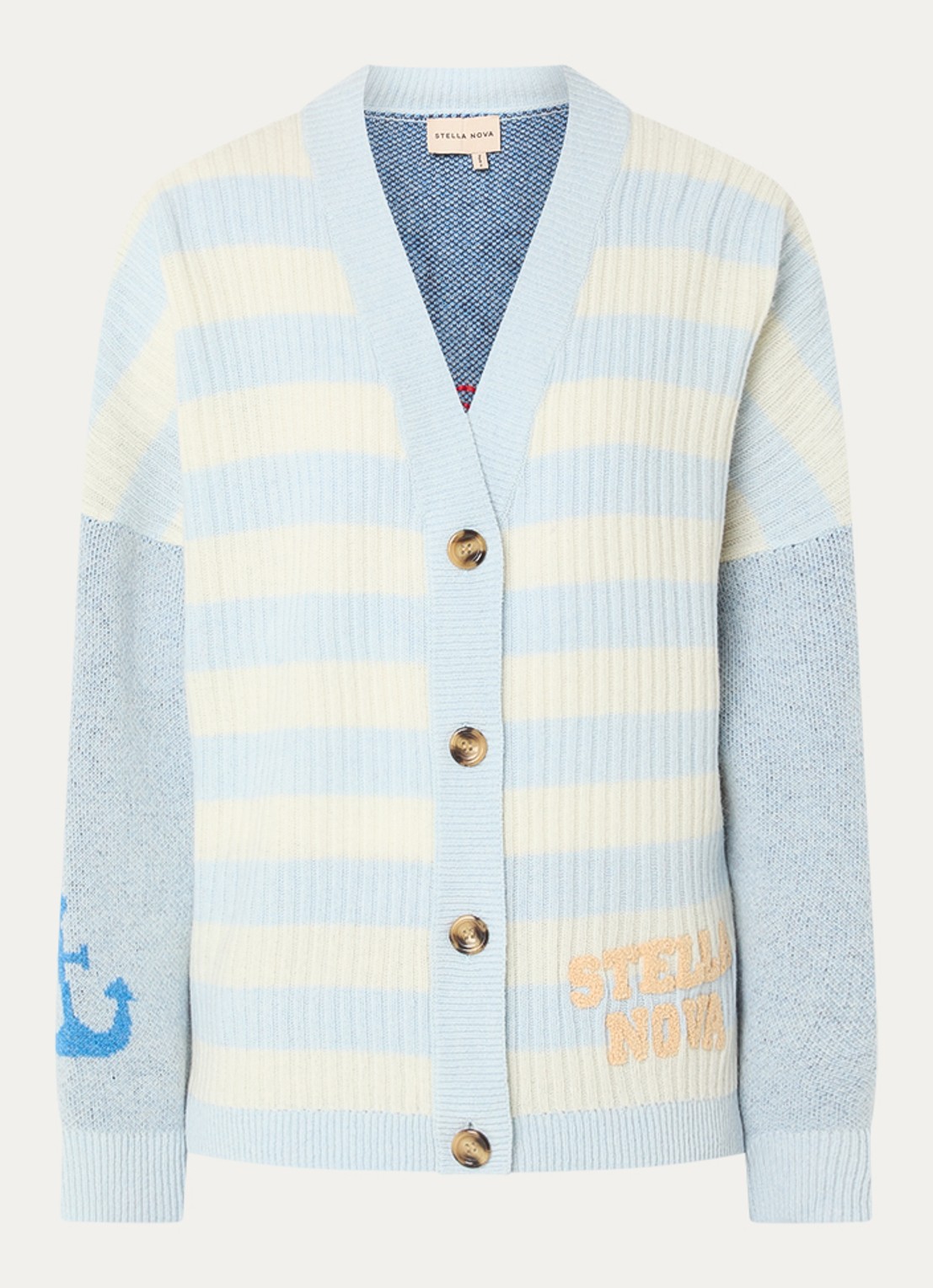Stella Nova Fijngebreid vest in wolblend met print - voorkant blauw