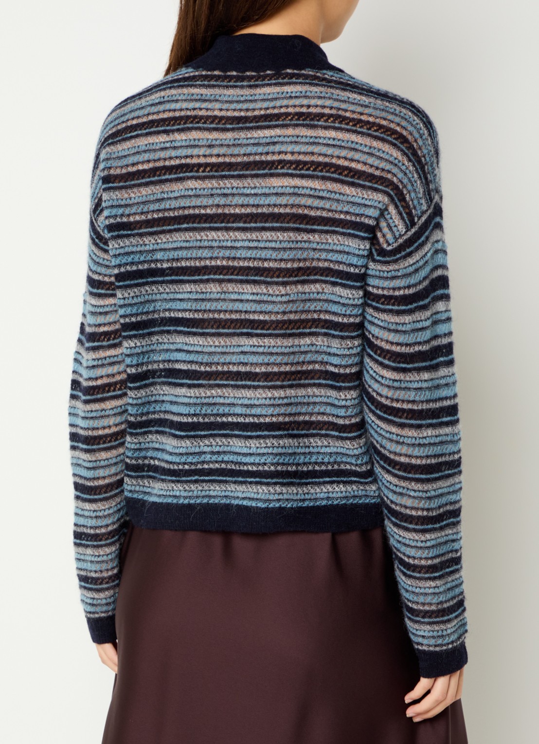 Stella Nova Fijngebreide polo in wolblend met streepprint - achterkant 4 donkerblauw