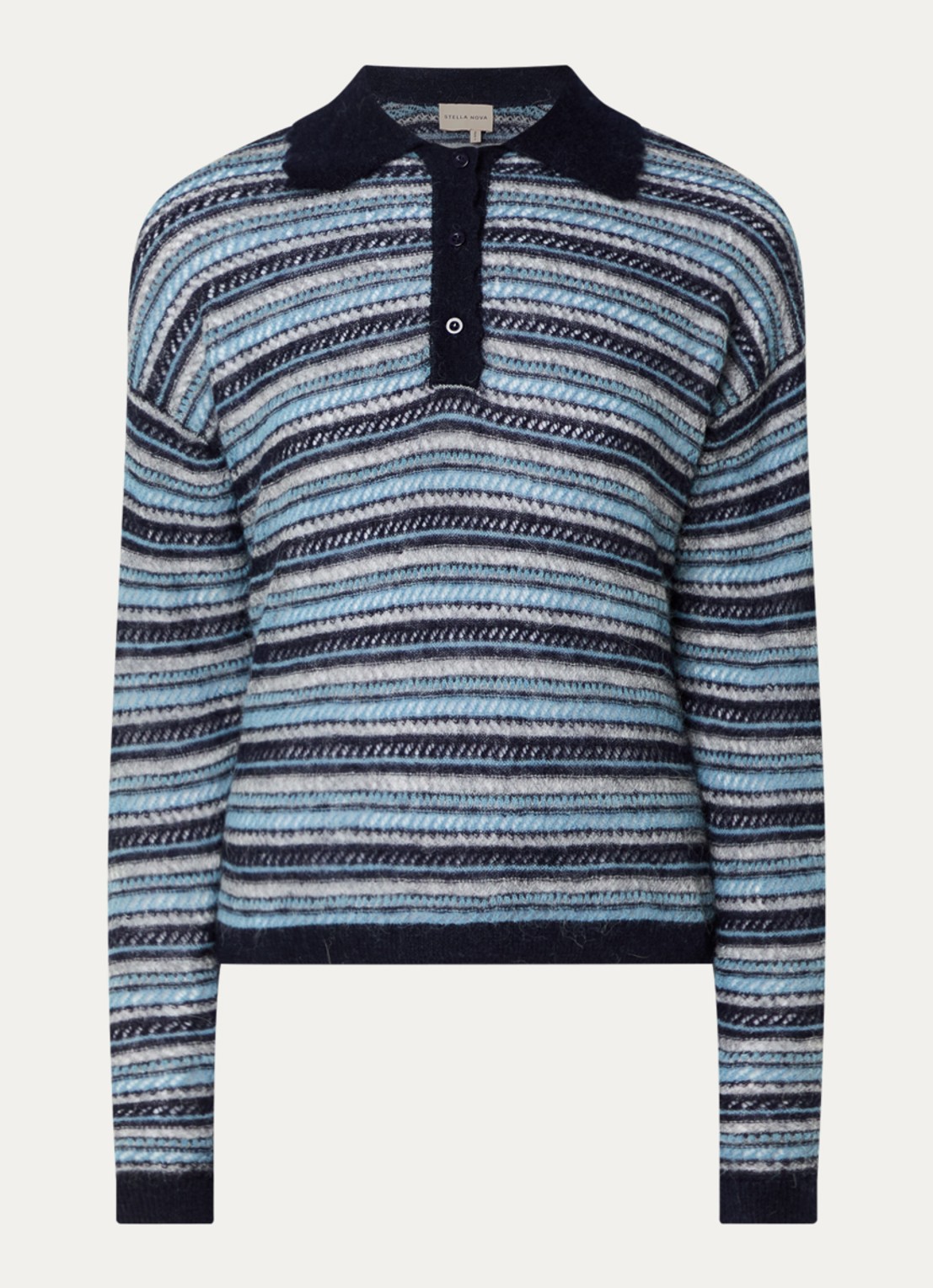 Stella Nova Fijngebreide polo in wolblend met streepprint - voorkant 2 donkerblauw