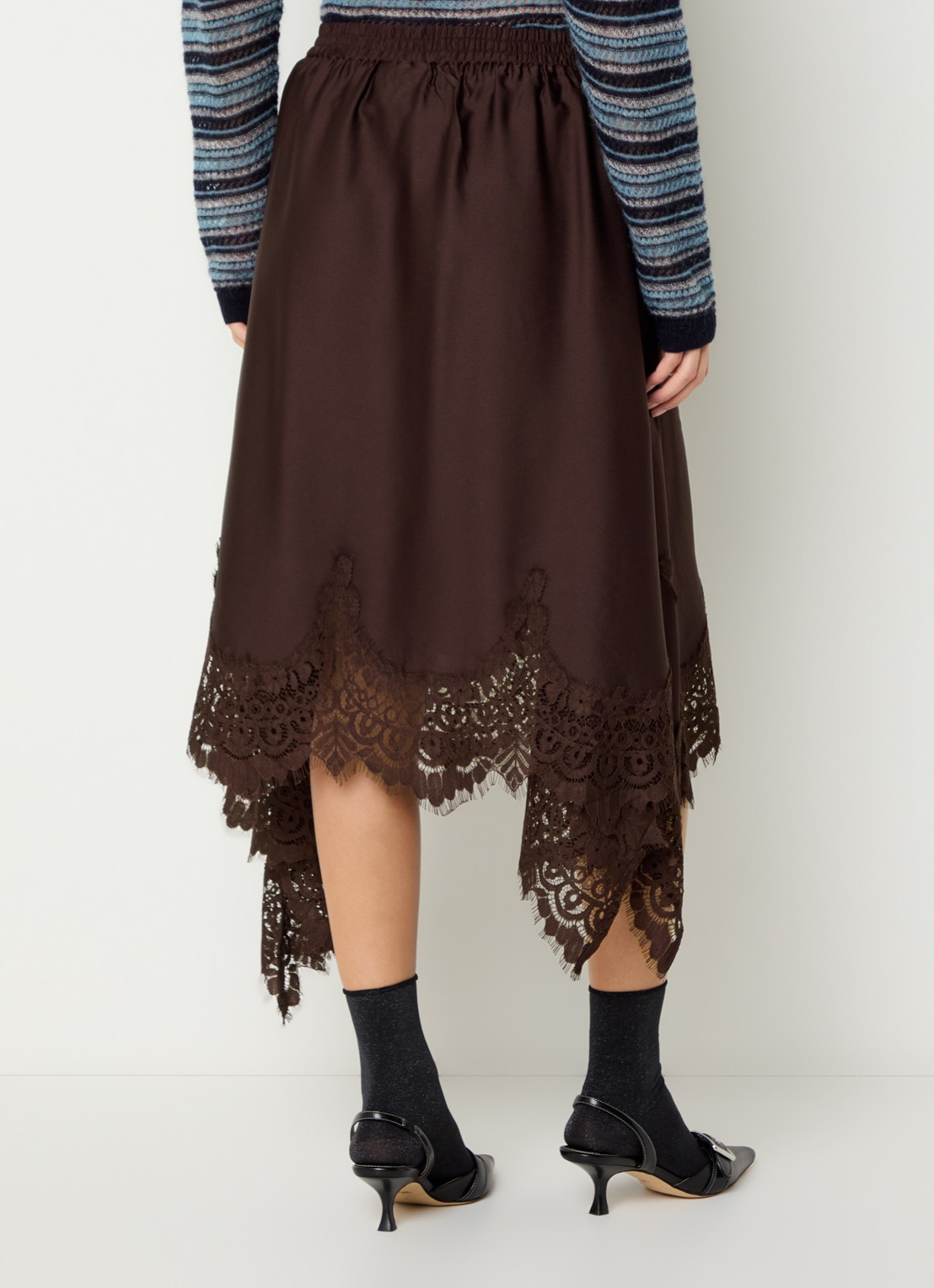 Stella Nova Midi rok met details van kant en asymmetrische zoom - achterkant donkerbruin