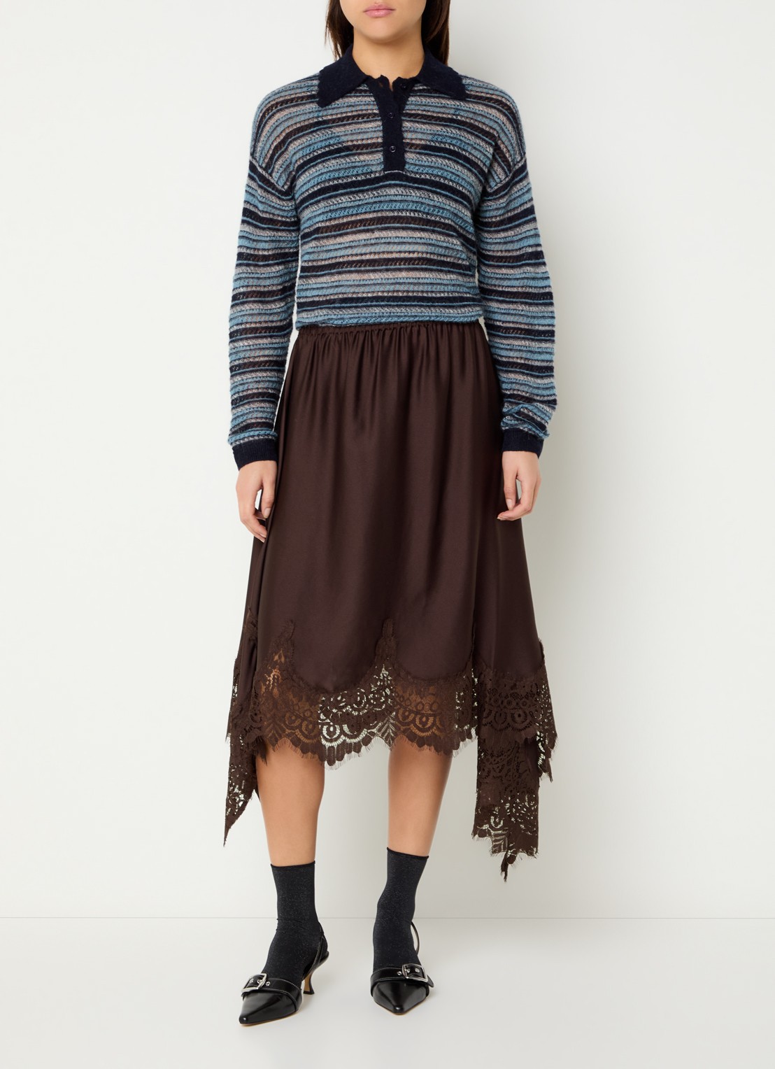 Stella Nova Midi rok met details van kant en asymmetrische zoom - voorkant 4 donkerbruin