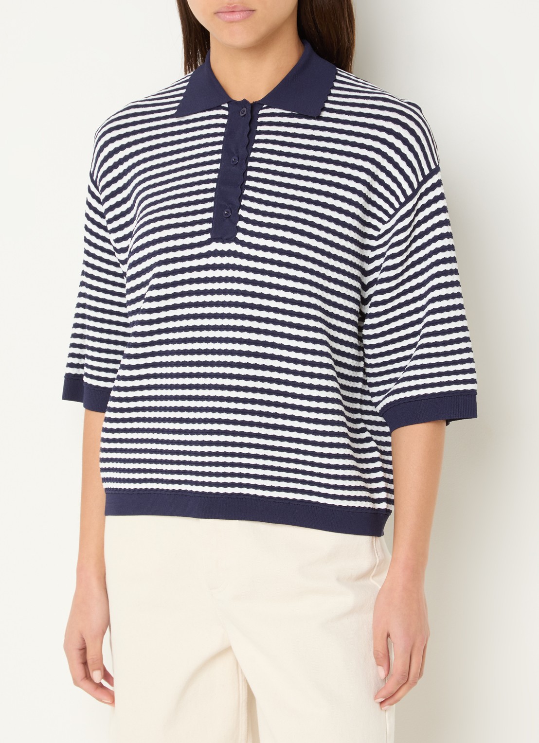 Stella Nova Oversized polo met streepprint - detail 4 donkerblauw