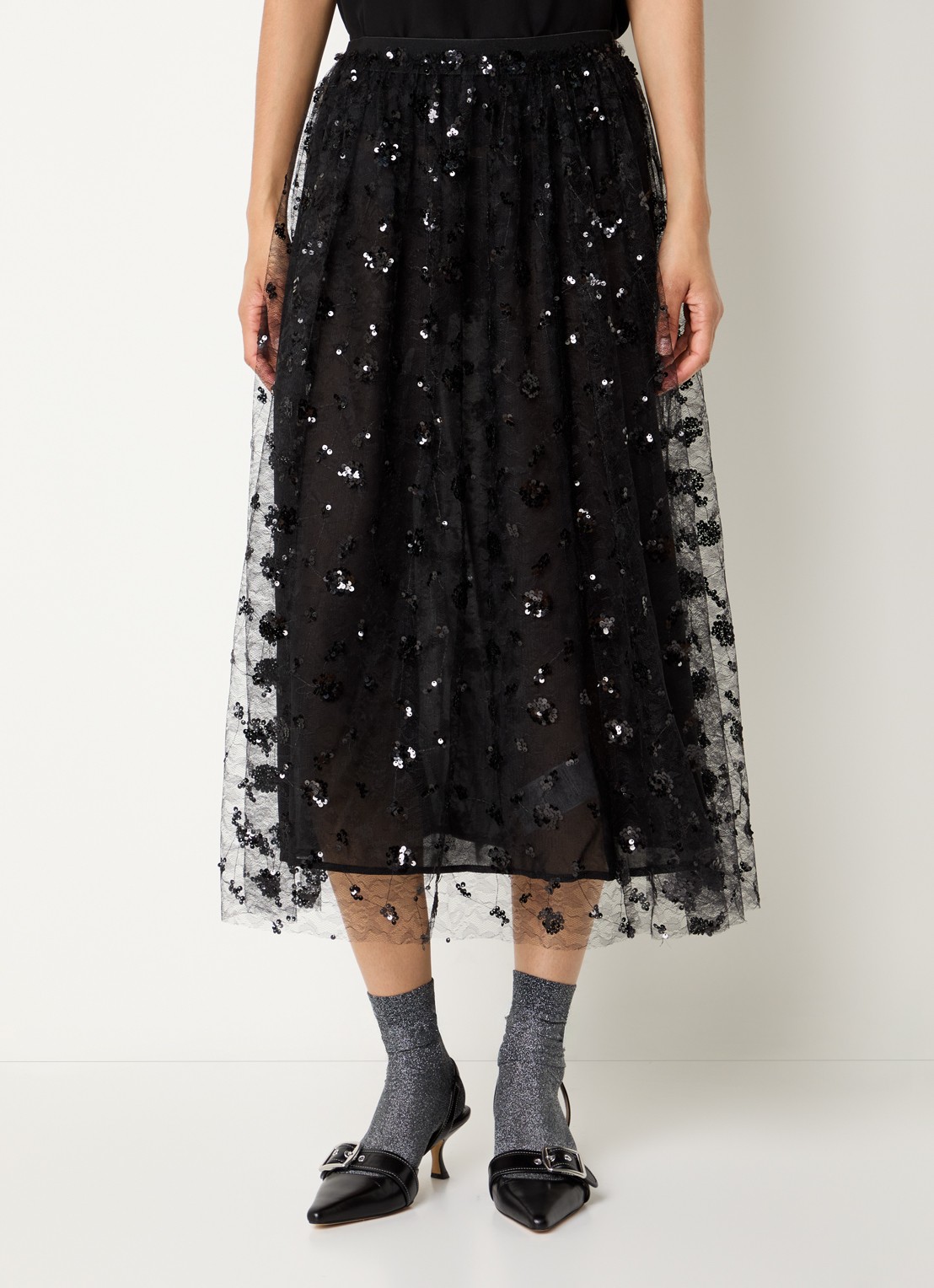 Stella Nova Semi-transparante midi rok met pailletten - detail zwart