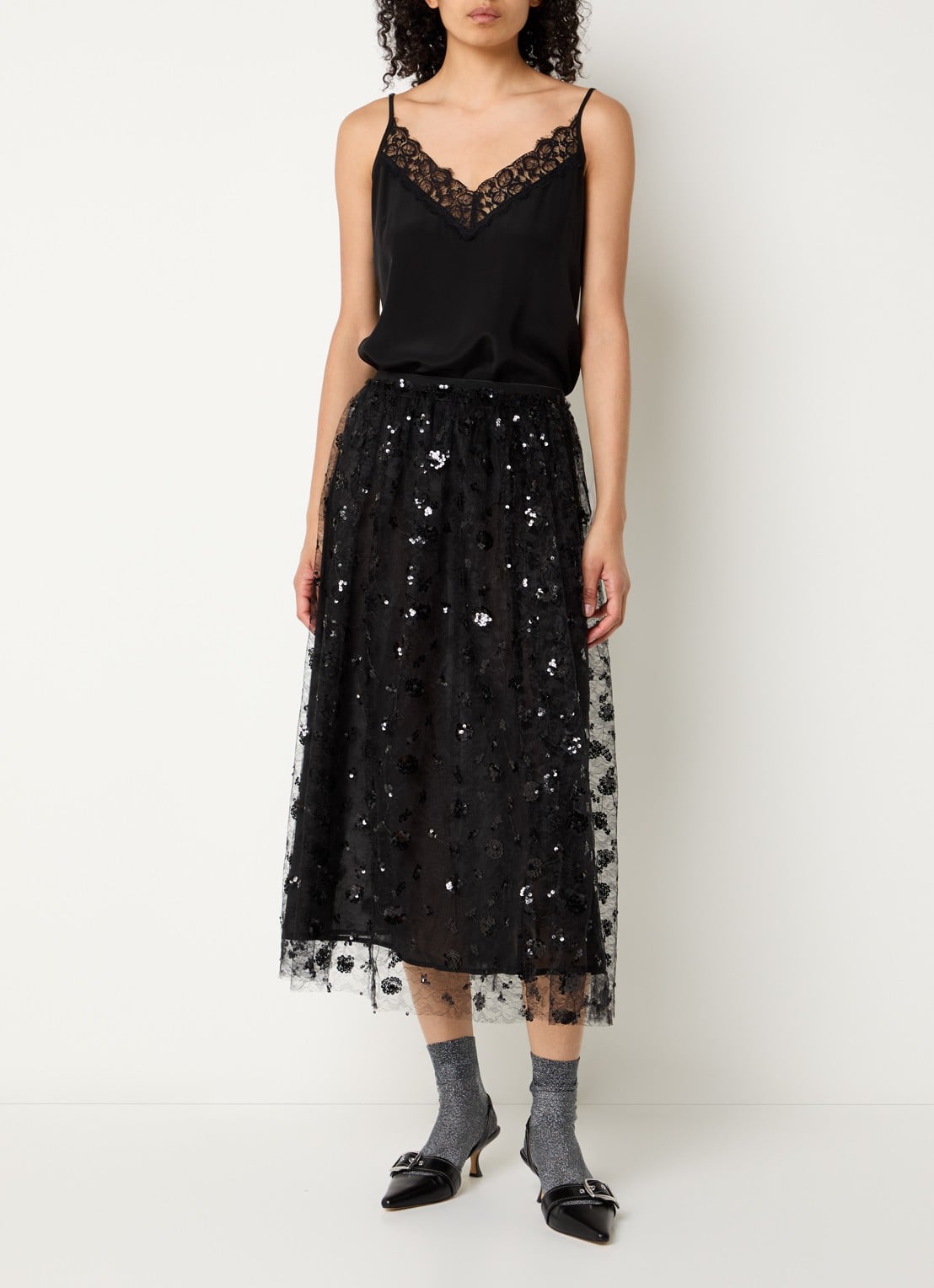 Stella Nova Semi-transparante midi rok met pailletten - voorkant 4 zwart