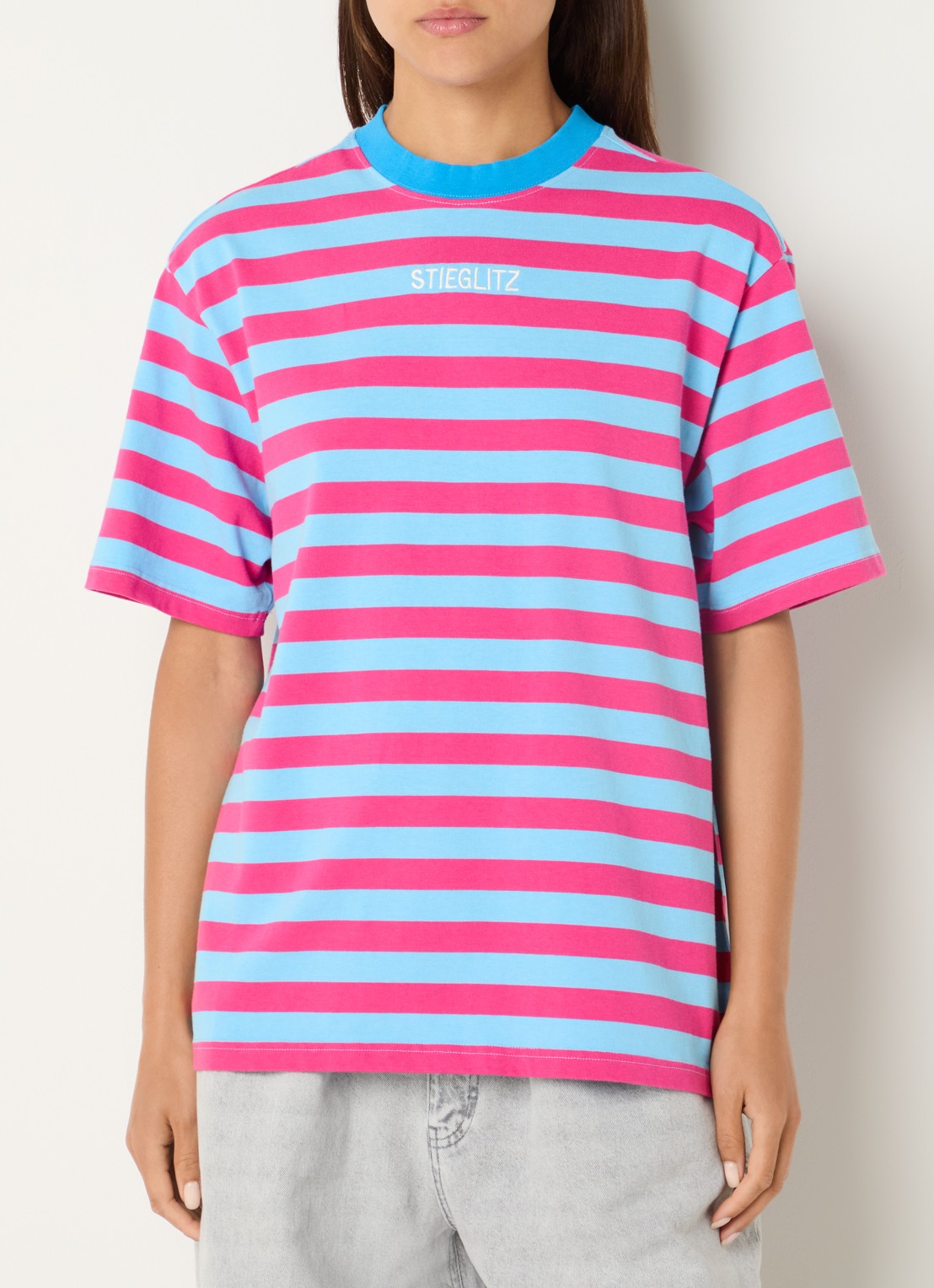 Stieglitz Joana T-shirt met logo en streepprint - detail donkerroze